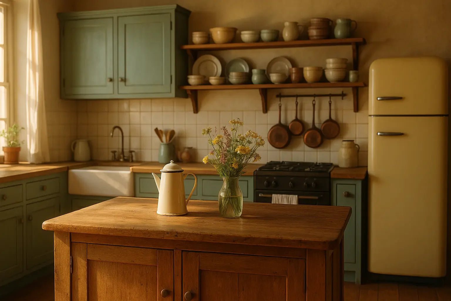 Cuisine rétro campagne chaleureuse bois pastel