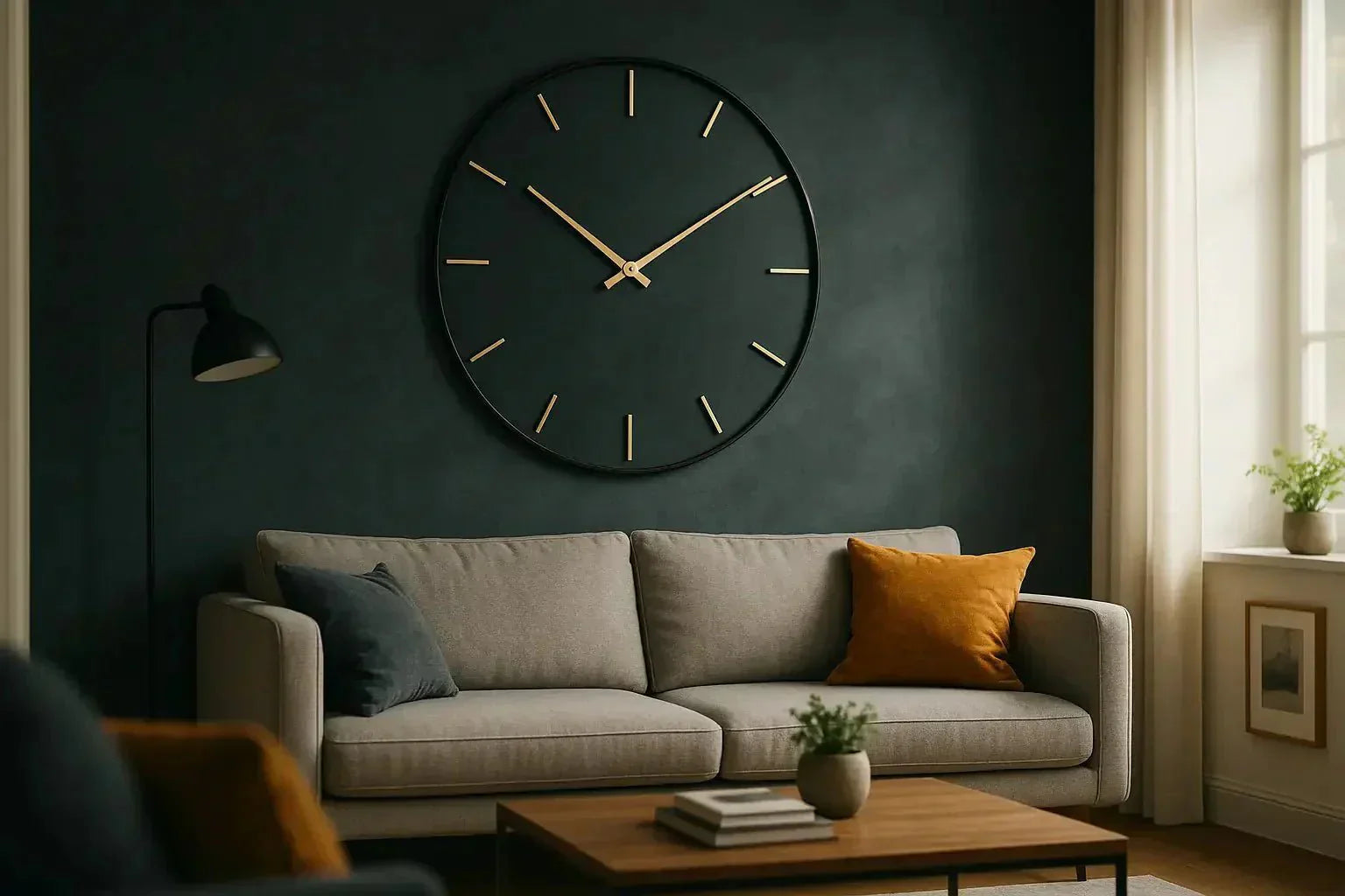 Horloge murale vintage accrochée sur un mur vert foncé – décoration intérieure rétro