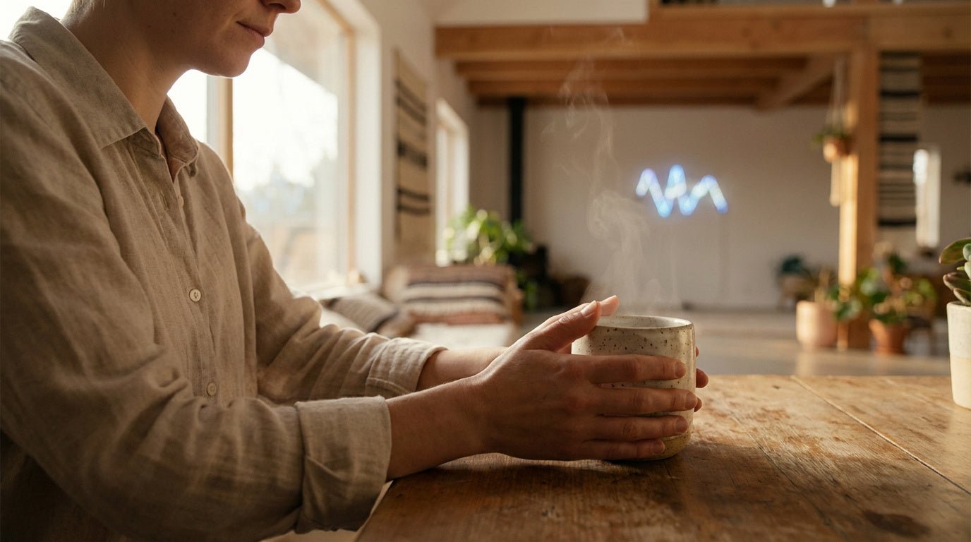 Tasse chaude dans une ambiance calme pour illustrer la slow life