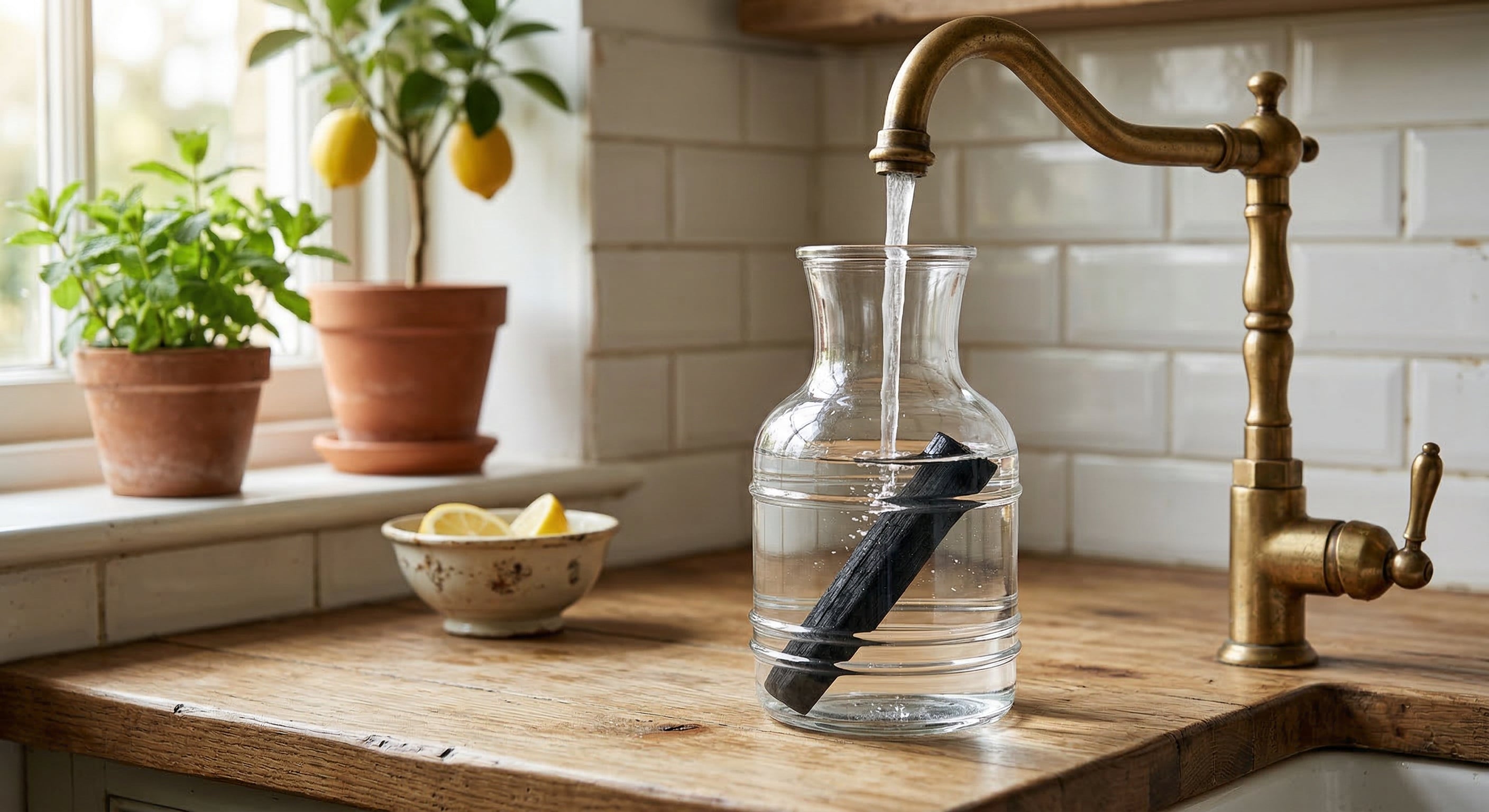 Photo montrant de l'eau s'écoulant d'un robinet en laiton vintage dans une carafe en verre contenant un bâton de charbon actif Binchotan, posée sur un plan de travail en bois dans une cuisine lumineuse.