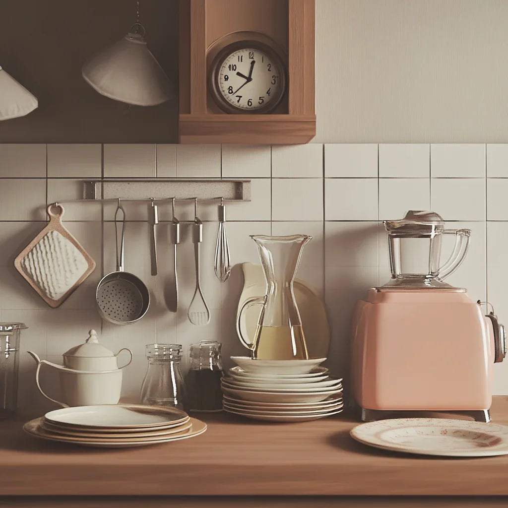 Résumé d’une cuisine vintage avec des appareils rétro, des meubles en bois et des objets décoratifs nostalgiques.