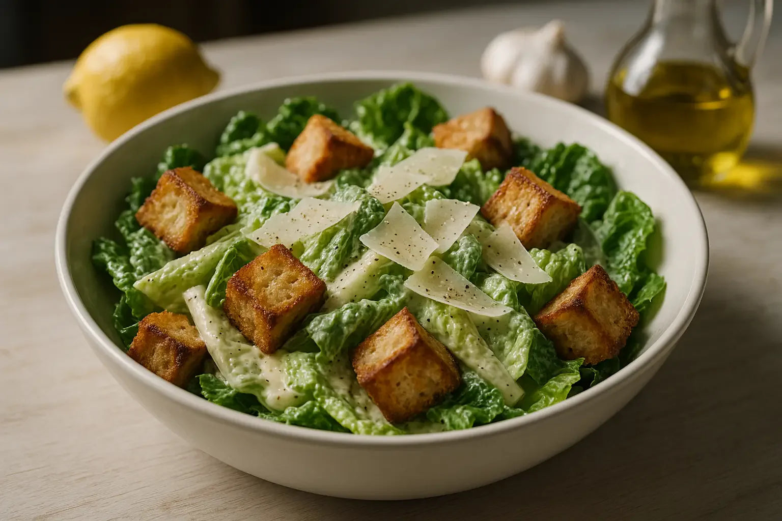 Vraie salade César avec romaine, croûtons et parmesan
