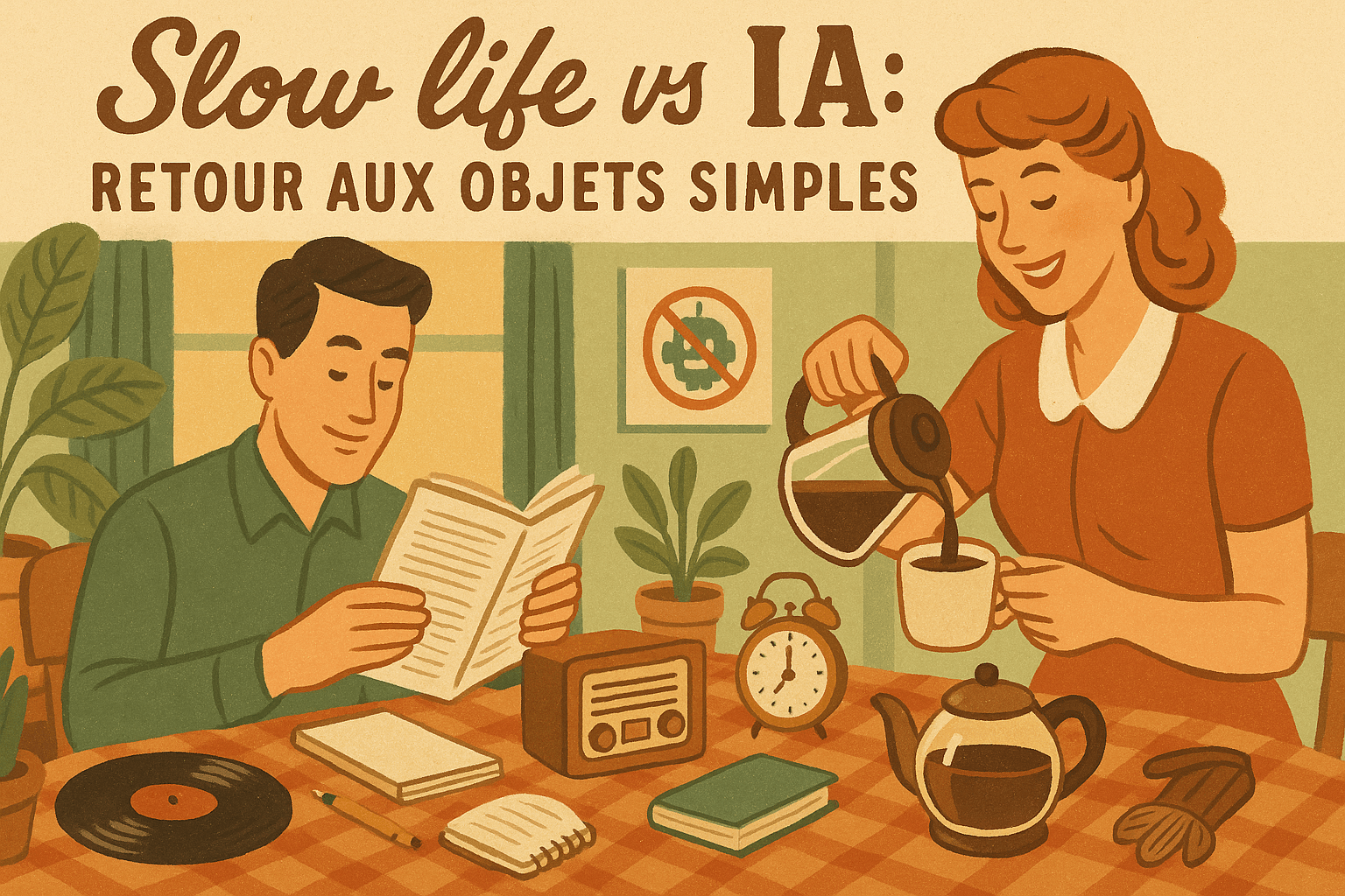 Illustration rétro d’un couple autour d’une table vintage, entre café filtre, livre papier et objets simples, pour illustrer le mode de vie slow face à l’intelligence artificielle.