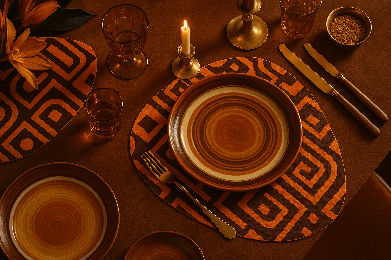 Vue aérienne d’une table rétro inspirée des années 70, avec dessous de plat géométriques orange et bruns, vaisselle en céramique vintage, verres ambrés et chandeliers en laiton. La Carafe