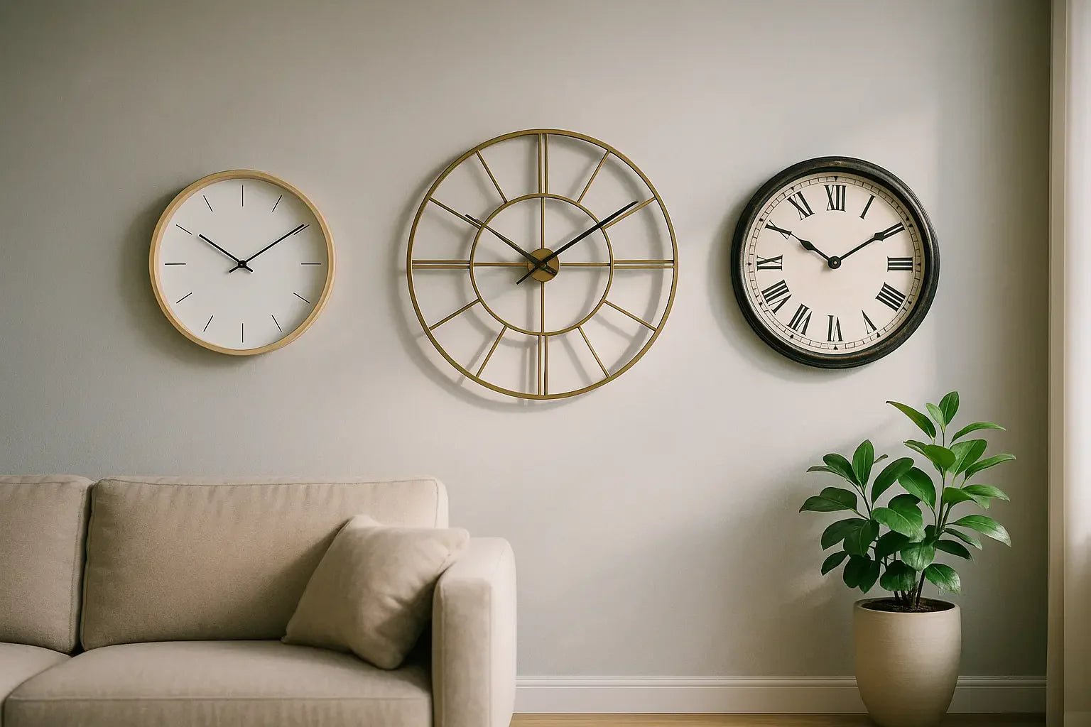 trois horloges murales dans un salon moderne