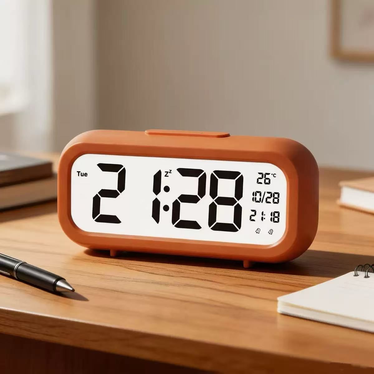 Réveil digital slim terracotta orange, écran LCD grand format