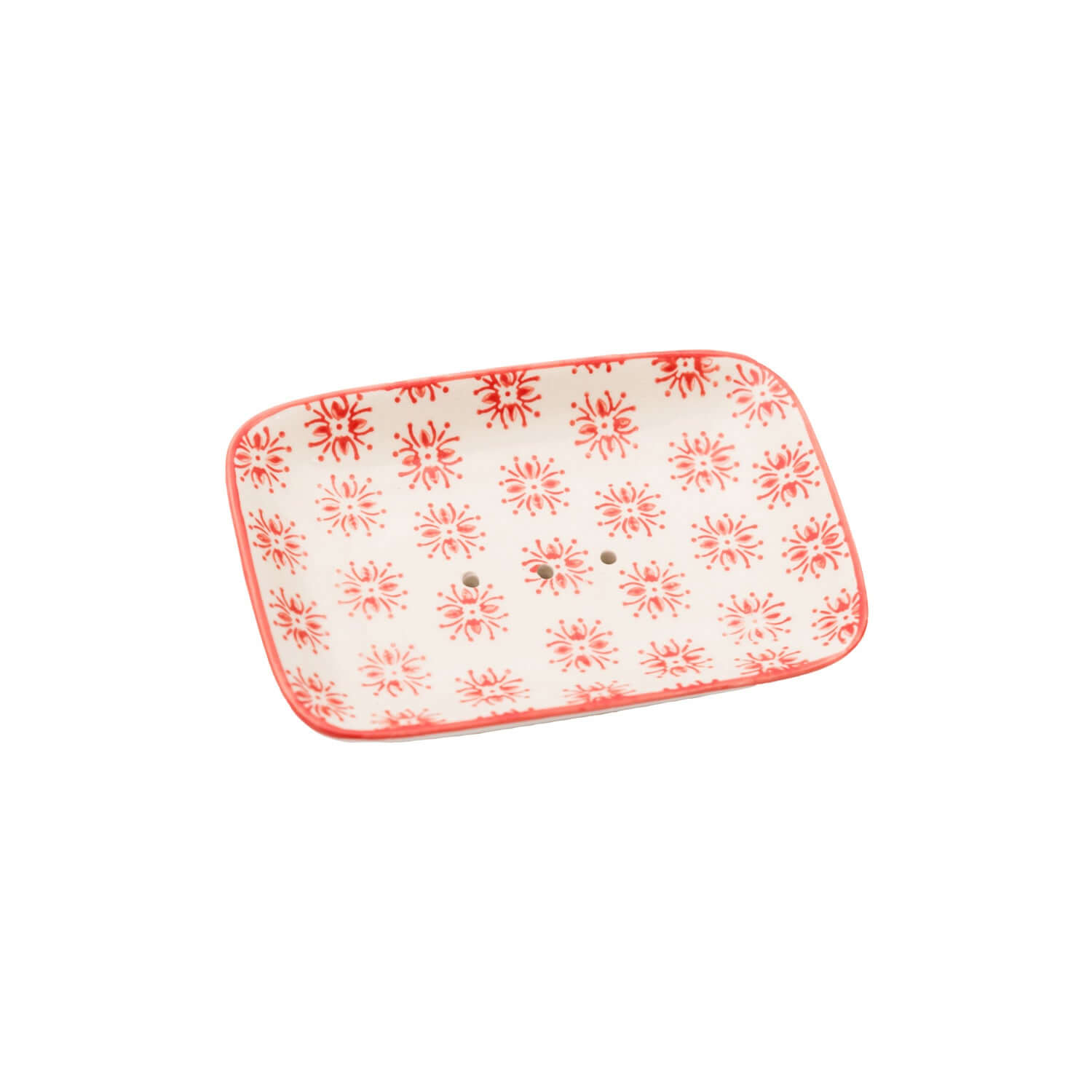 Porte-savon rectangulaire en céramique rouge et blanc, élégant et pratique pour la salle de bain.