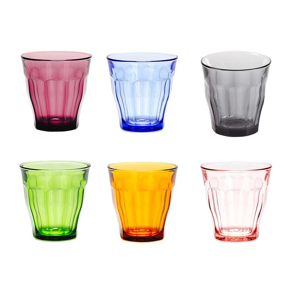 Lot de 6 verres Duralex Picardie 25 cl couleurs : marine, gris, prune, rose, vermeil, vert