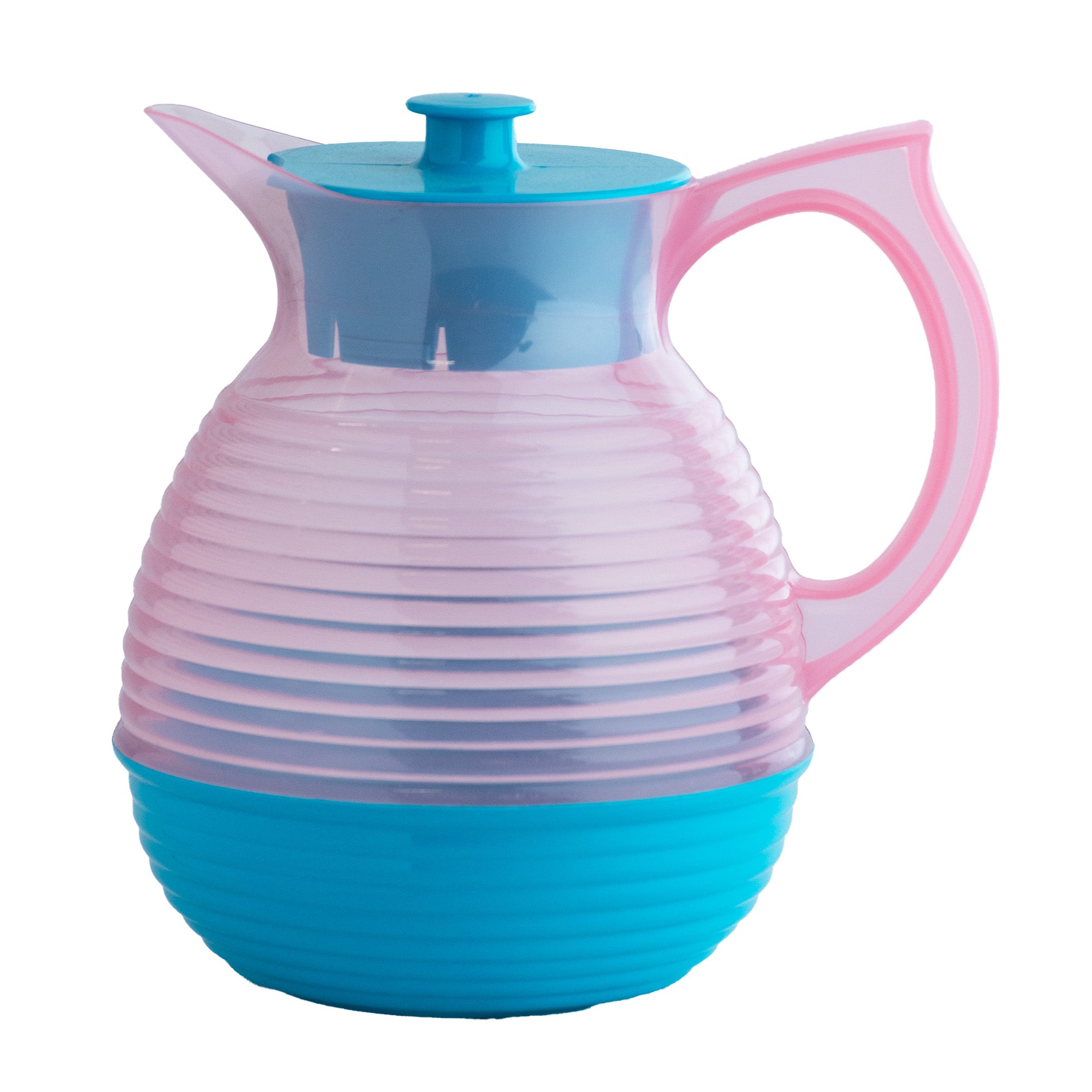 La Carafe Azur Rose Retro Design 1,3L en plastique alimentaire, style vintage années 50-70, pichet bicolore bleu turquoise et rose pastel, fabriqué en France.