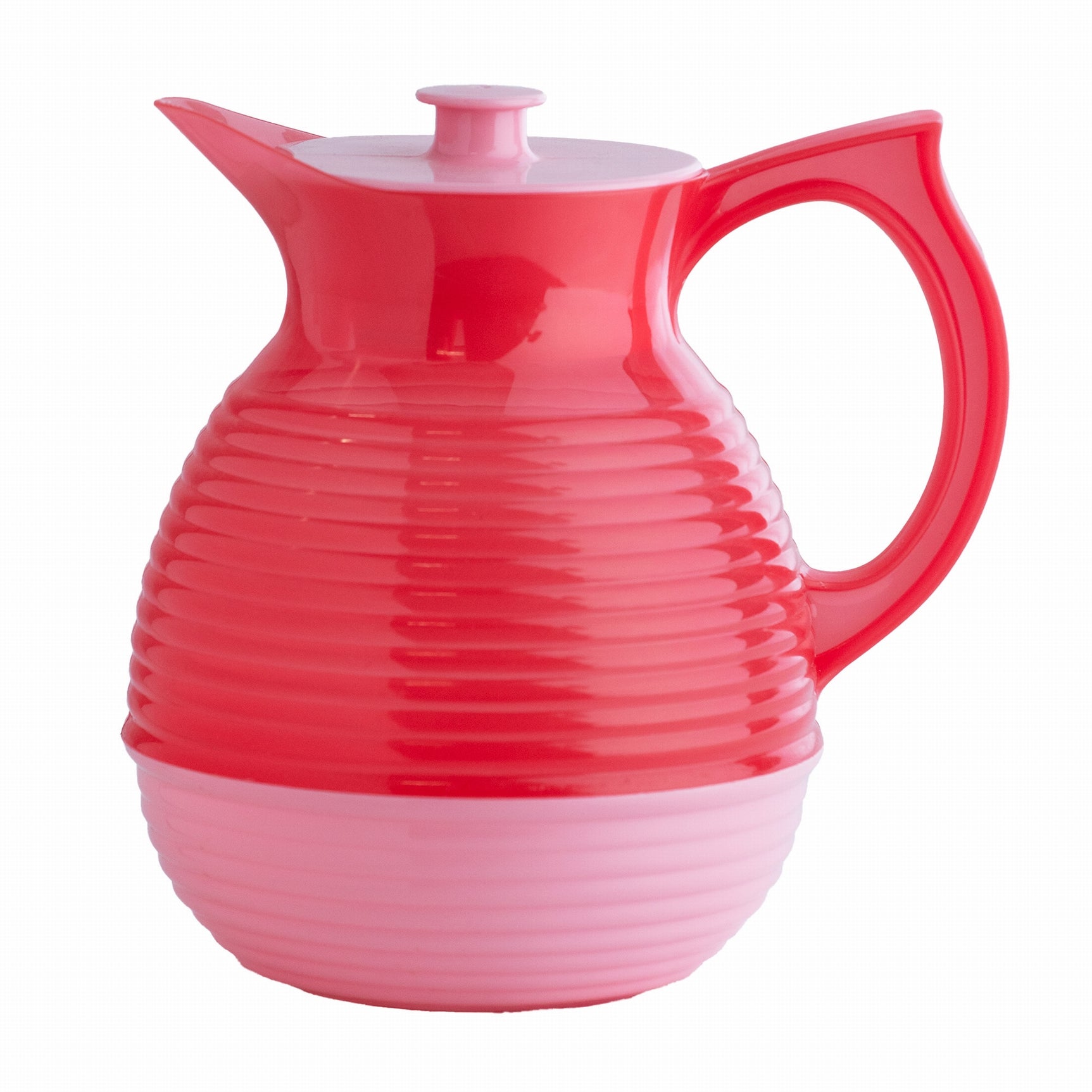 La Carafe Rose Rouge Retro Design 1,3L en plastique alimentaire, style vintage années 50-70, pichet bicolore rouge corail et rose pâle, fabriqué en France.