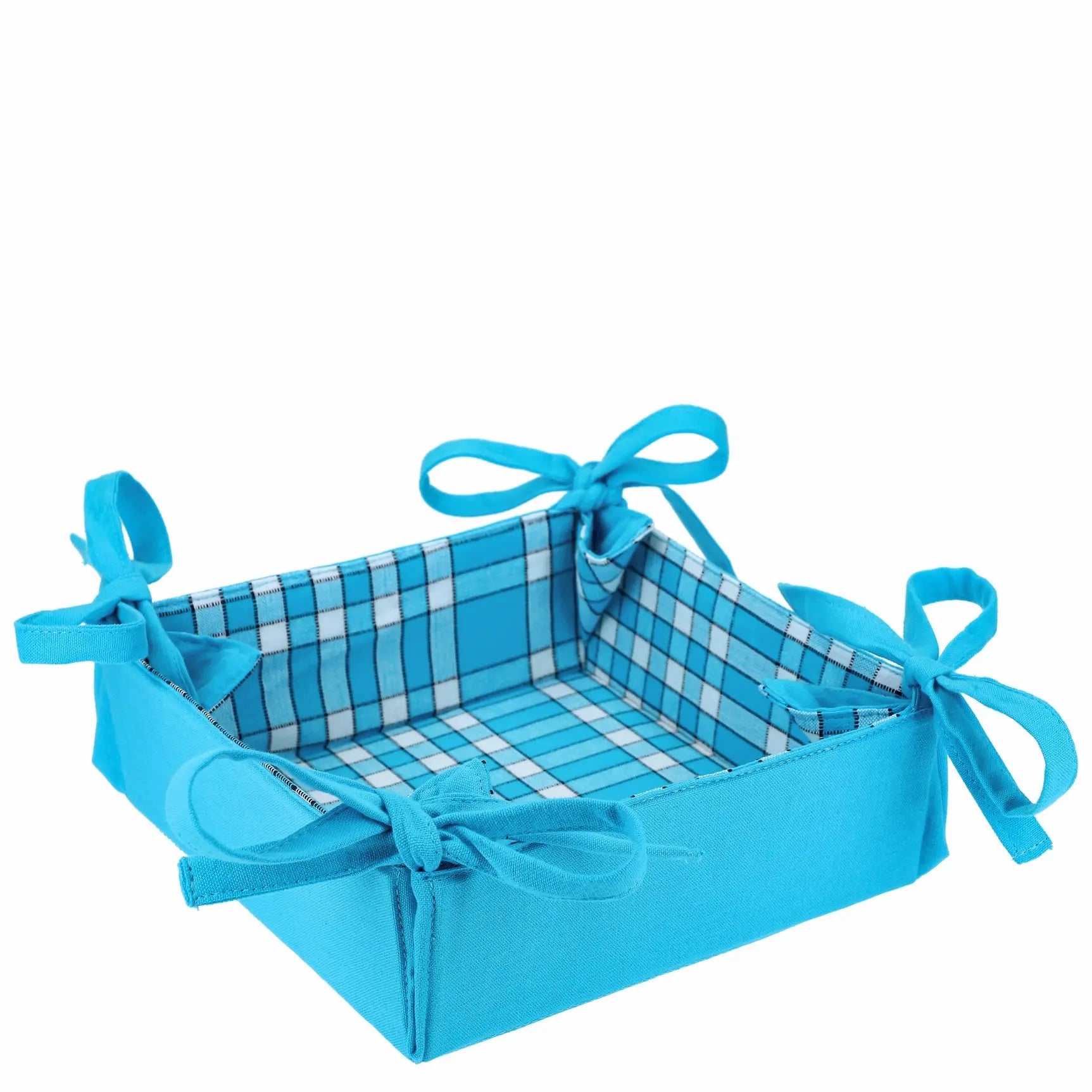 Corbeille à pain en tissu bleu à carreaux, réversible et élégante. Polyvalente pour pain, fruits, ou œufs. Accessoire pour cuisine.