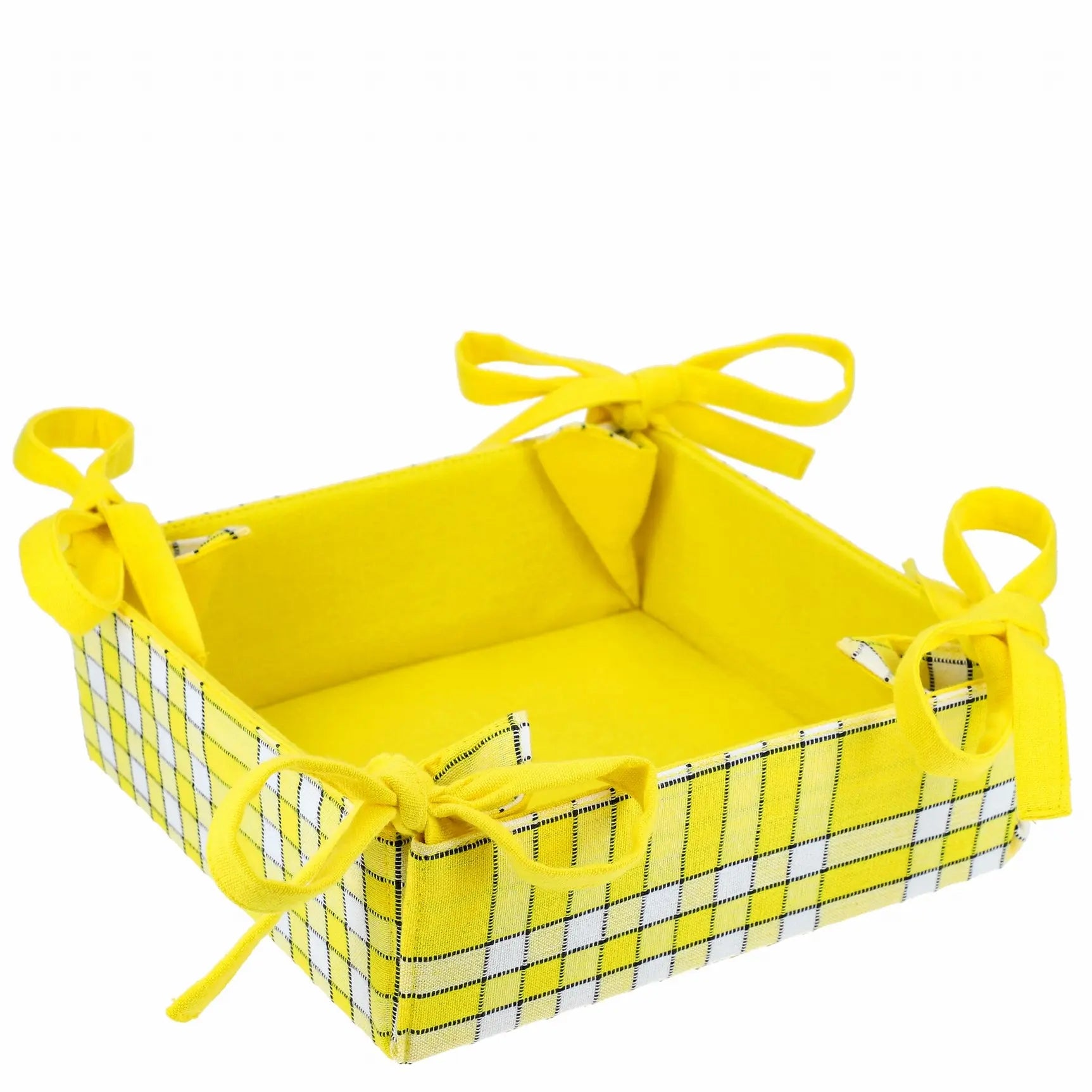 Corbeille à pain en tissu jaune à carreaux, réversible et élégante, pour pain, fruits, œufs; idéale pour la présentation, avec liens décoratifs.