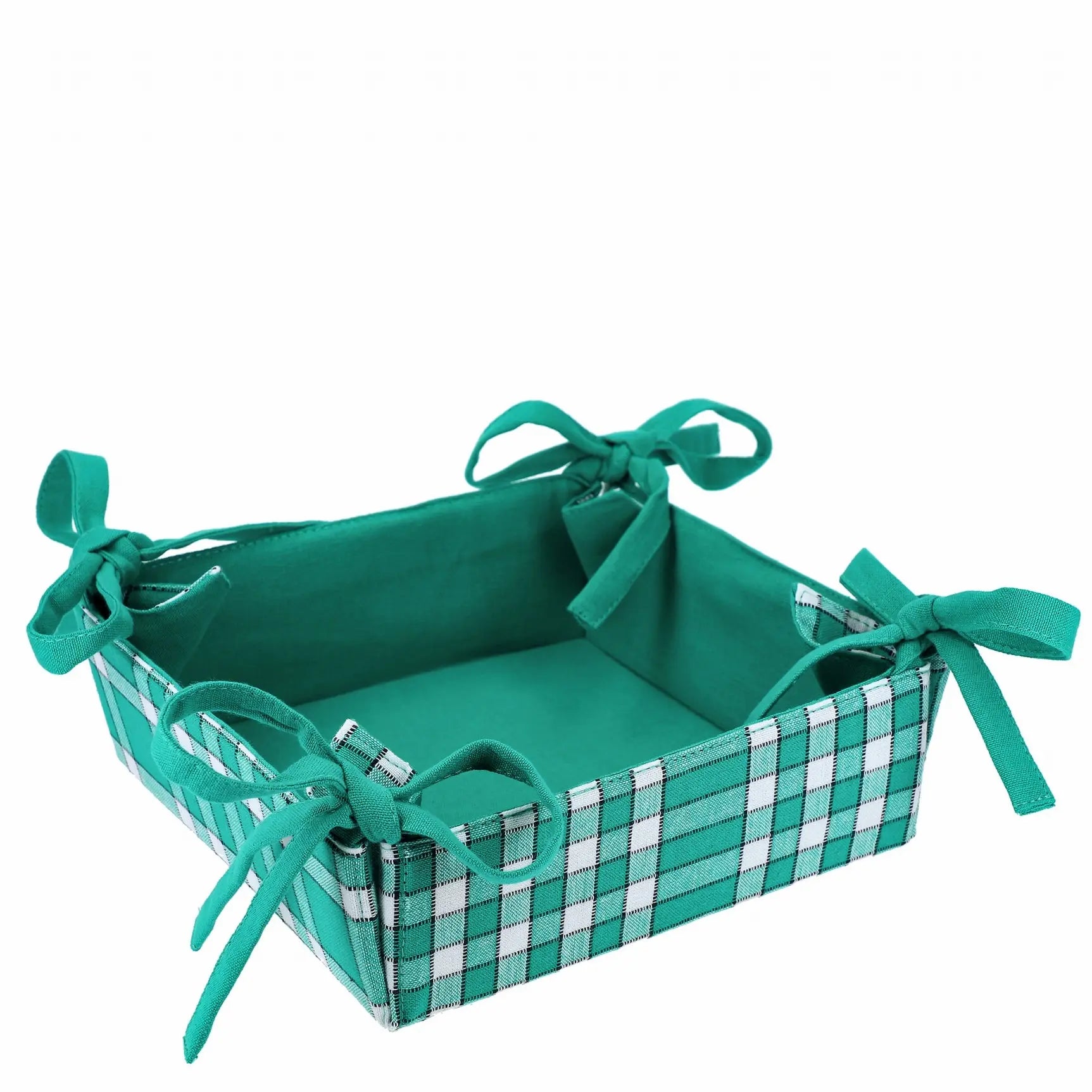 Corbeille à pain en tissu à carreaux vert réversible, idéale pour présenter le pain, fruits ou œufs avec élégance.