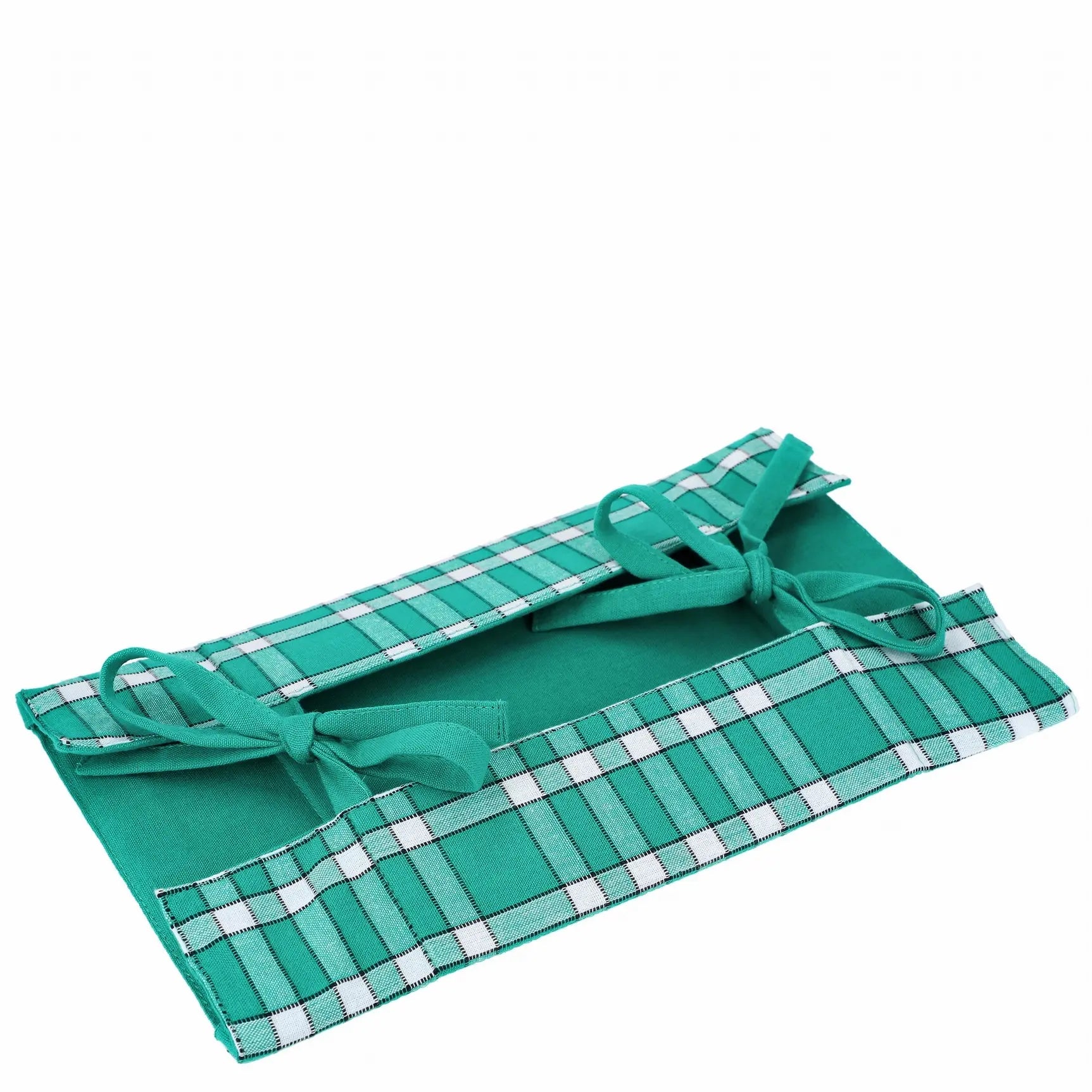 Corbeille à pain en tissu à carreaux verte, réversible et élégante, idéale pour présenter le pain et autres aliments.