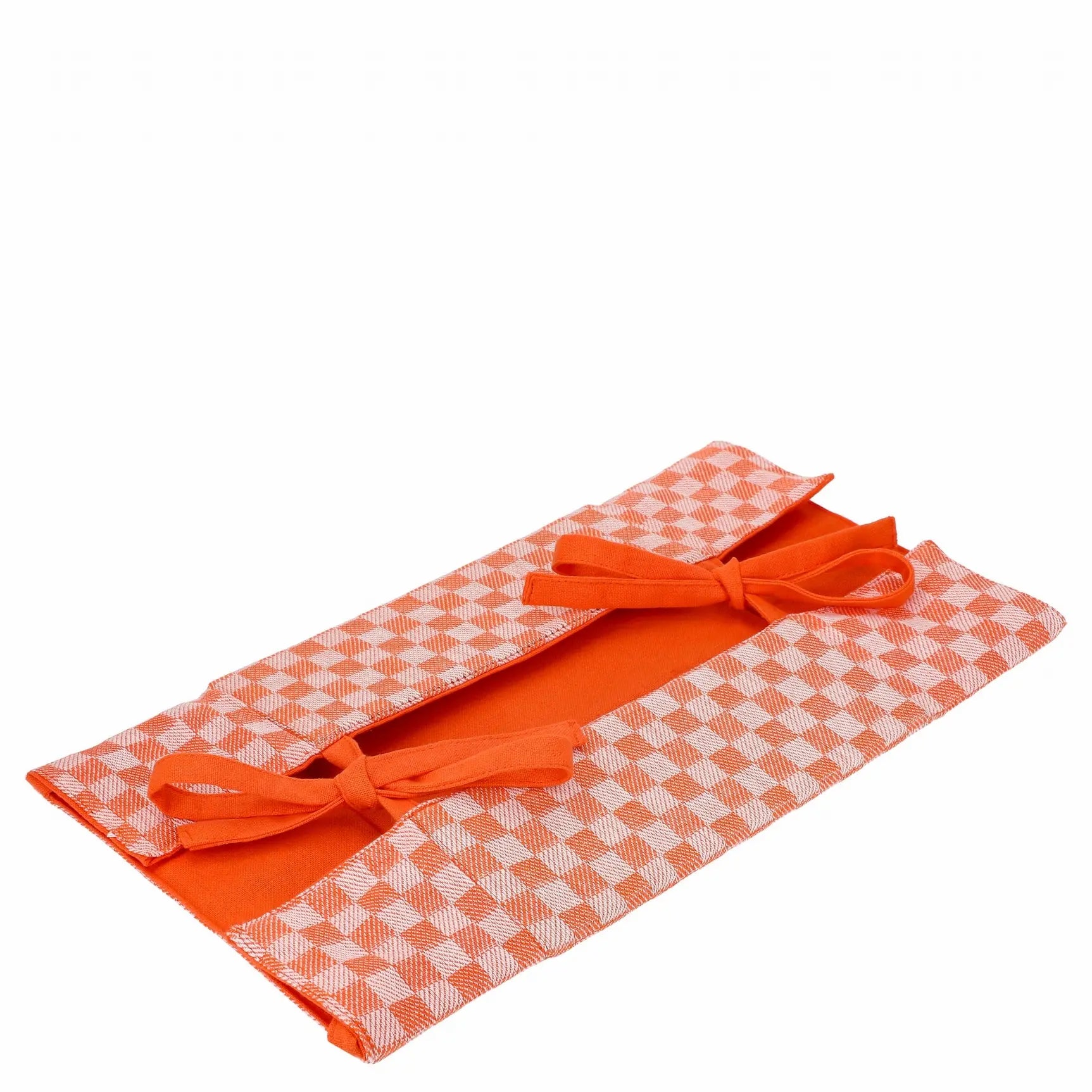 Corbeille en tissu à damier réversible orange, élégante pour présenter pain et fruits, idée déco pour la table.
