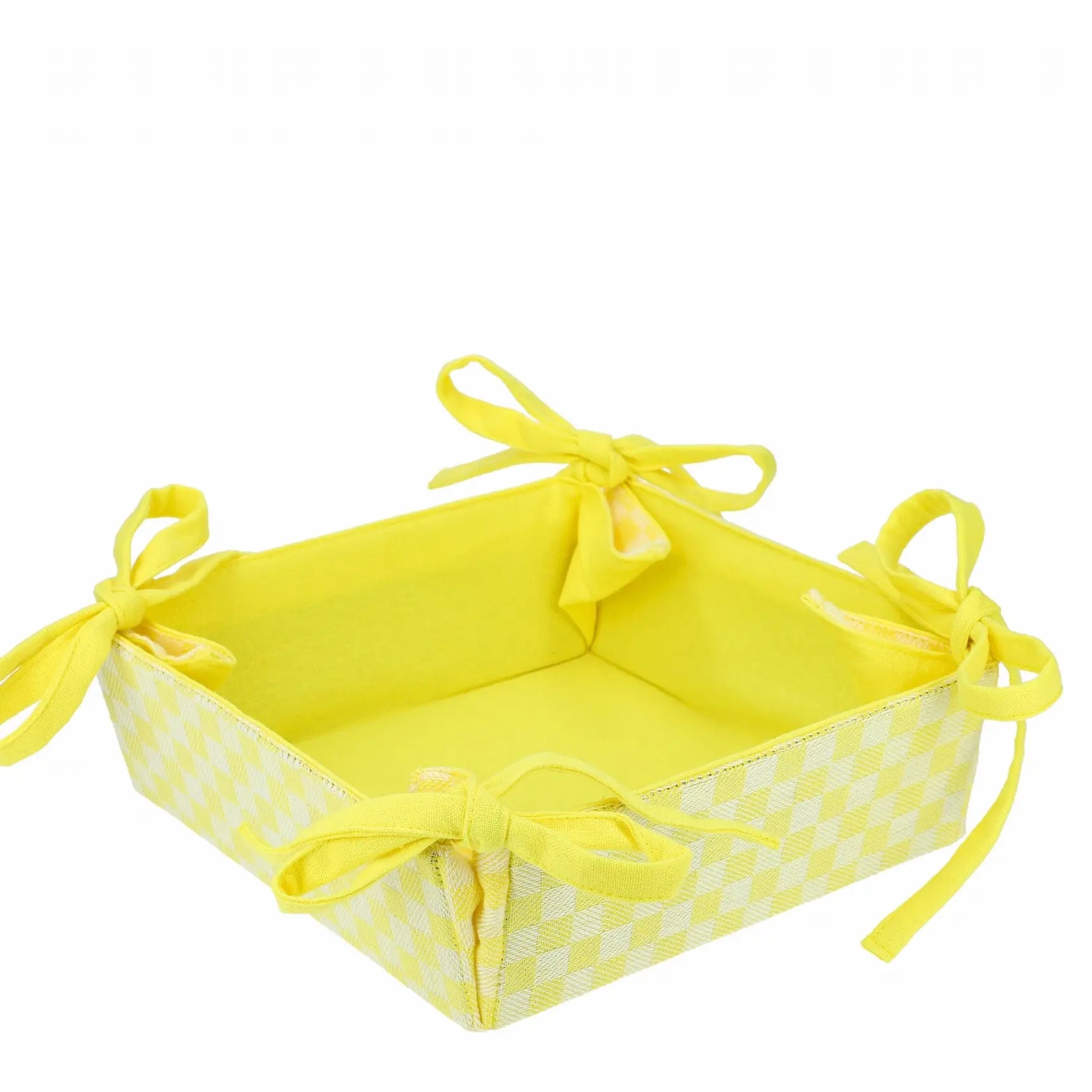 Corbeille en tissu à damier réversible jaune, élégante et polyvalente, idéale pour pain, fruits et plus, avec rubans décoratifs.