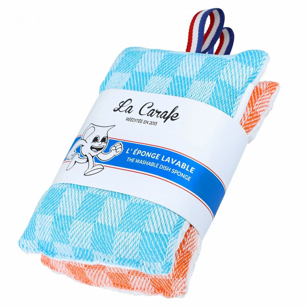 Éponges lavables en lot de 2, coton à carreaux azur et abricot avec face nid d’abeille.