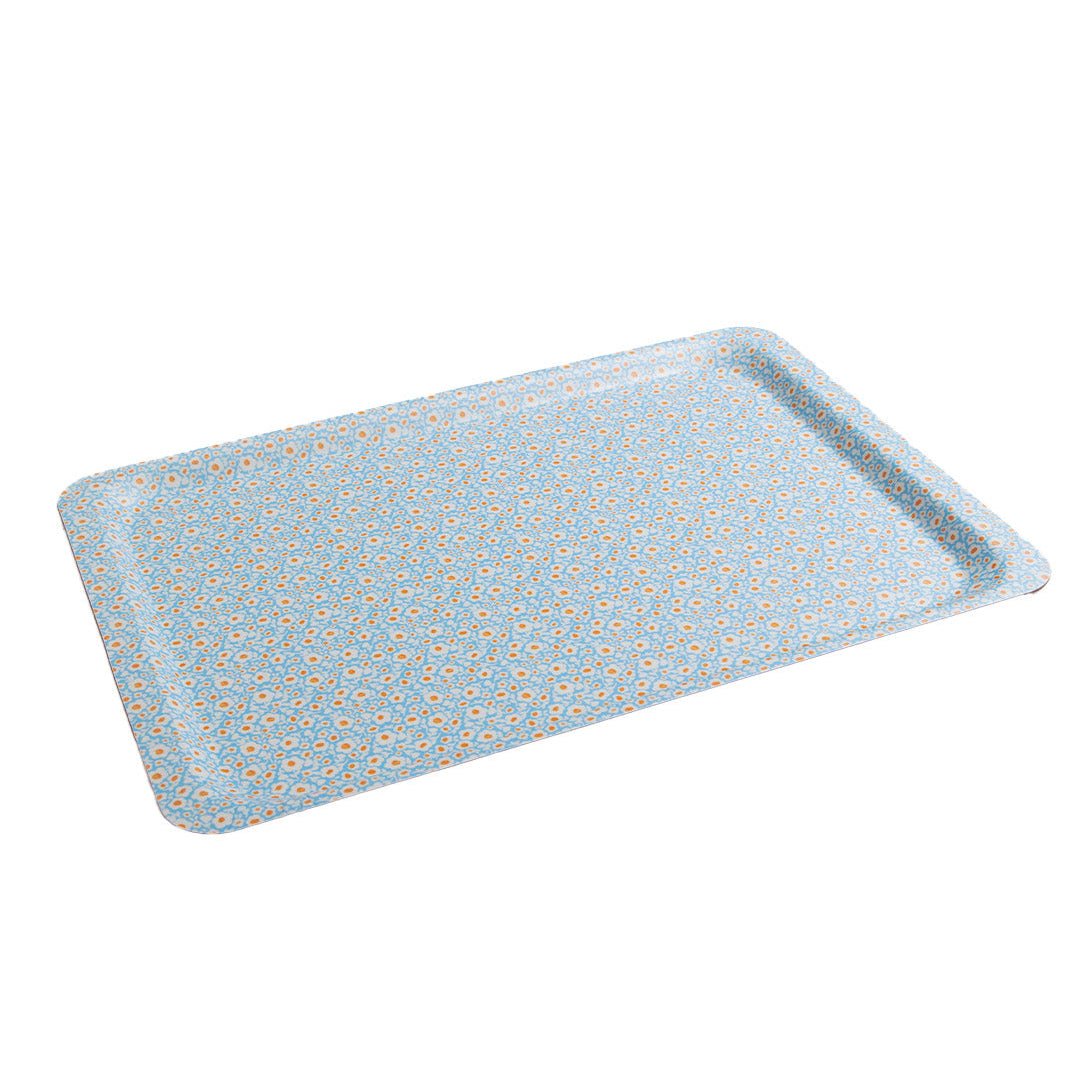 Grand plateau rectangulaire motif floral bleu vintage années 60, décoration maison rétro authentique, service de table délicat.