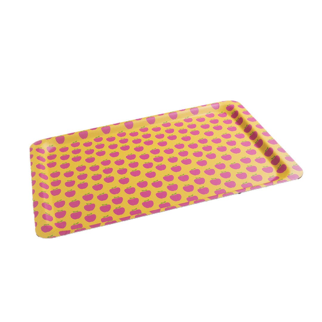 Grand plateau rectangulaire motif pommes vintage, design rétro années 60-70, déco maison authentique et colorée