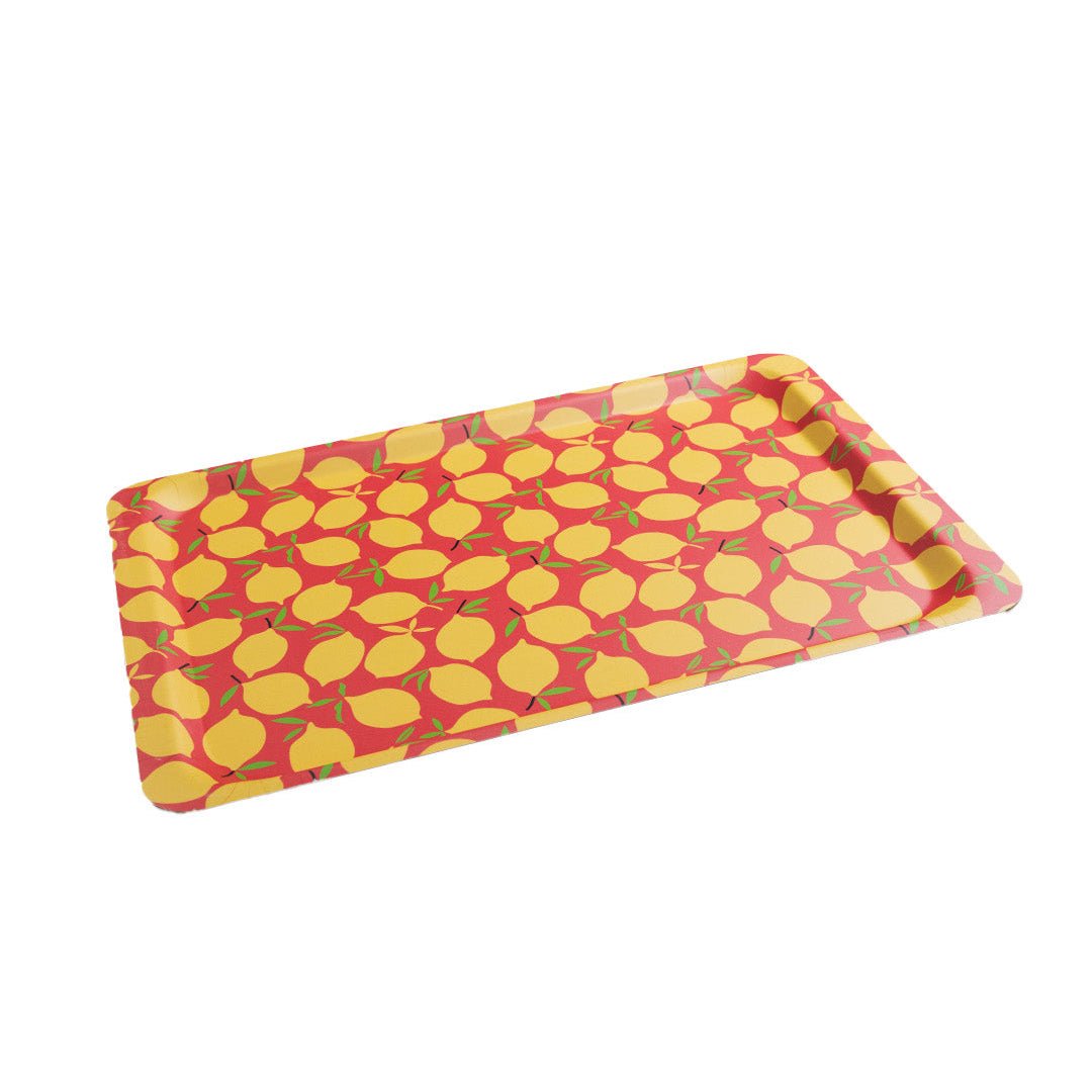 Grand plateau rectangulaire motif citrons, design rétro années 60-70, décoration maison vintage authentique et colorée.