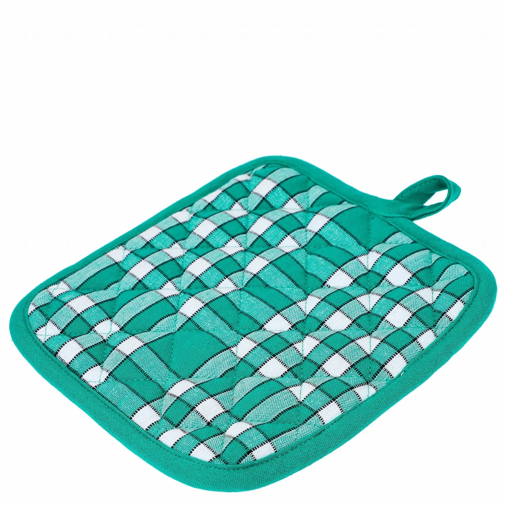 Manique de cuisine verte avec motif élégant pour une sécurité optimale en cuisine.