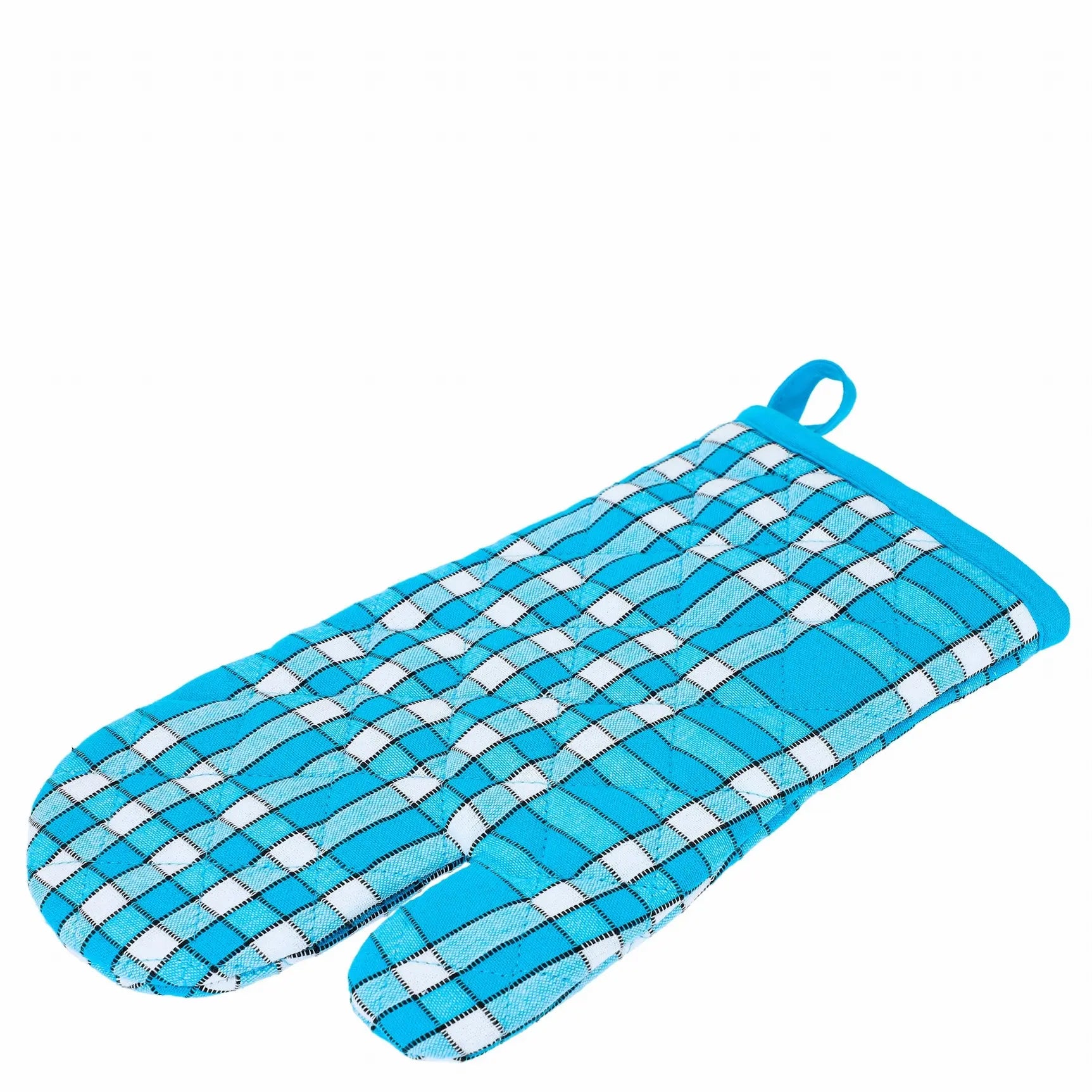 Gant de cuisine bleu à carreaux pour une protection élégante et sécurisée en cuisine, idéal pour manipuler des plats chauds.