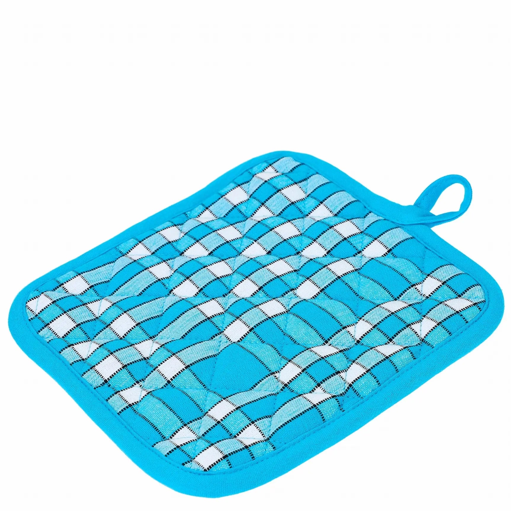 Manique de cuisine bleue avec motif en losanges, idéale pour manipuler des plats chauds en toute sécurité et élégance.