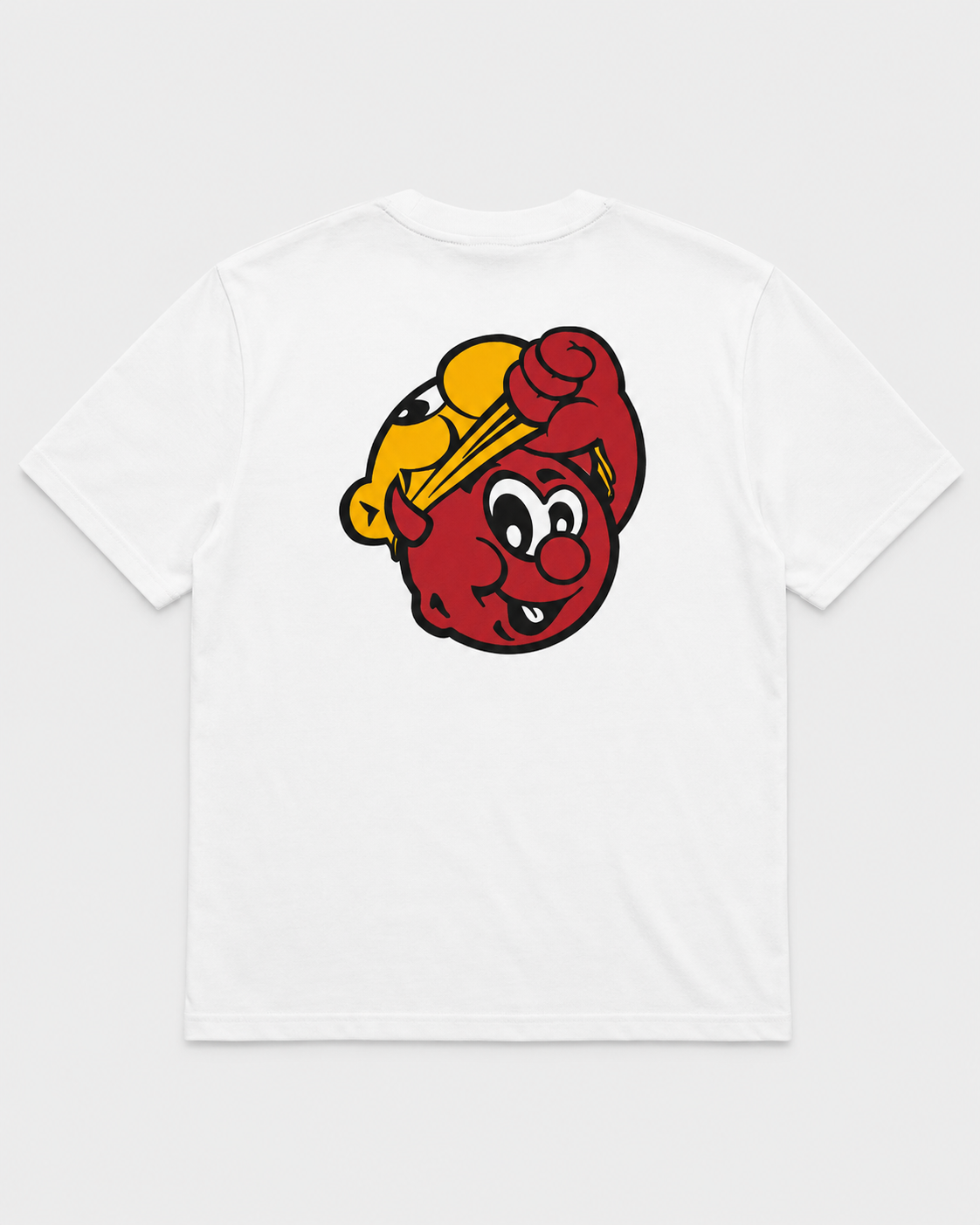 T-shirt Mask Logo blanc, dos – grand imprimé mascotte rouge et jaune