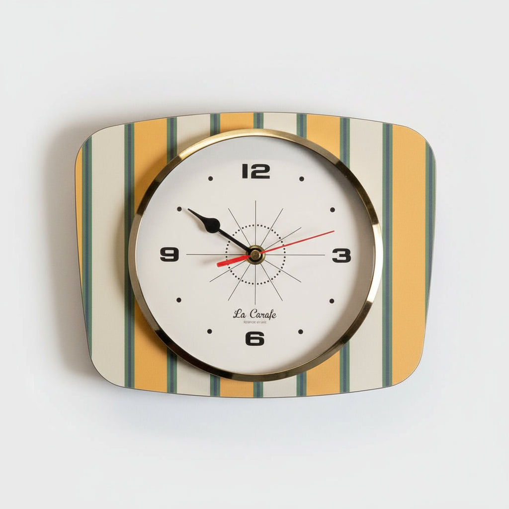 Horloge Murale Rectangulaire Rayures Vert et Jaune Cadran Beige – Pendule Rétro vintage années 50-70 déco maison rétro authentique
