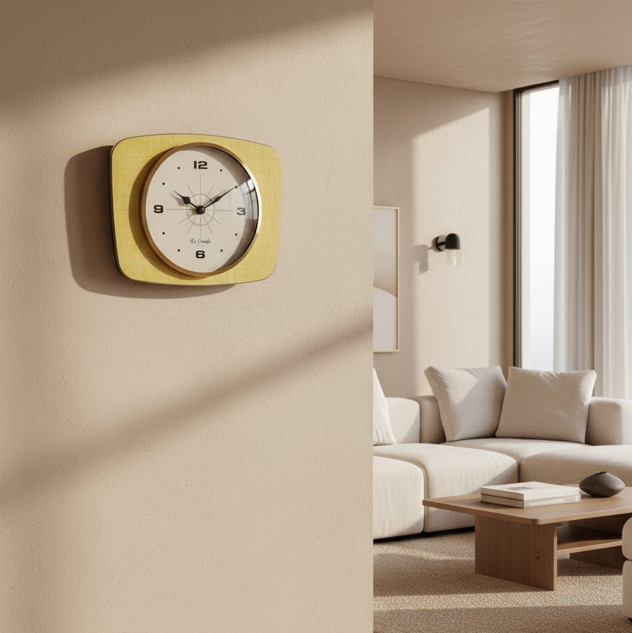 Horloge murale rectangulaire jaune vintage – Cadran beige - La Carafe