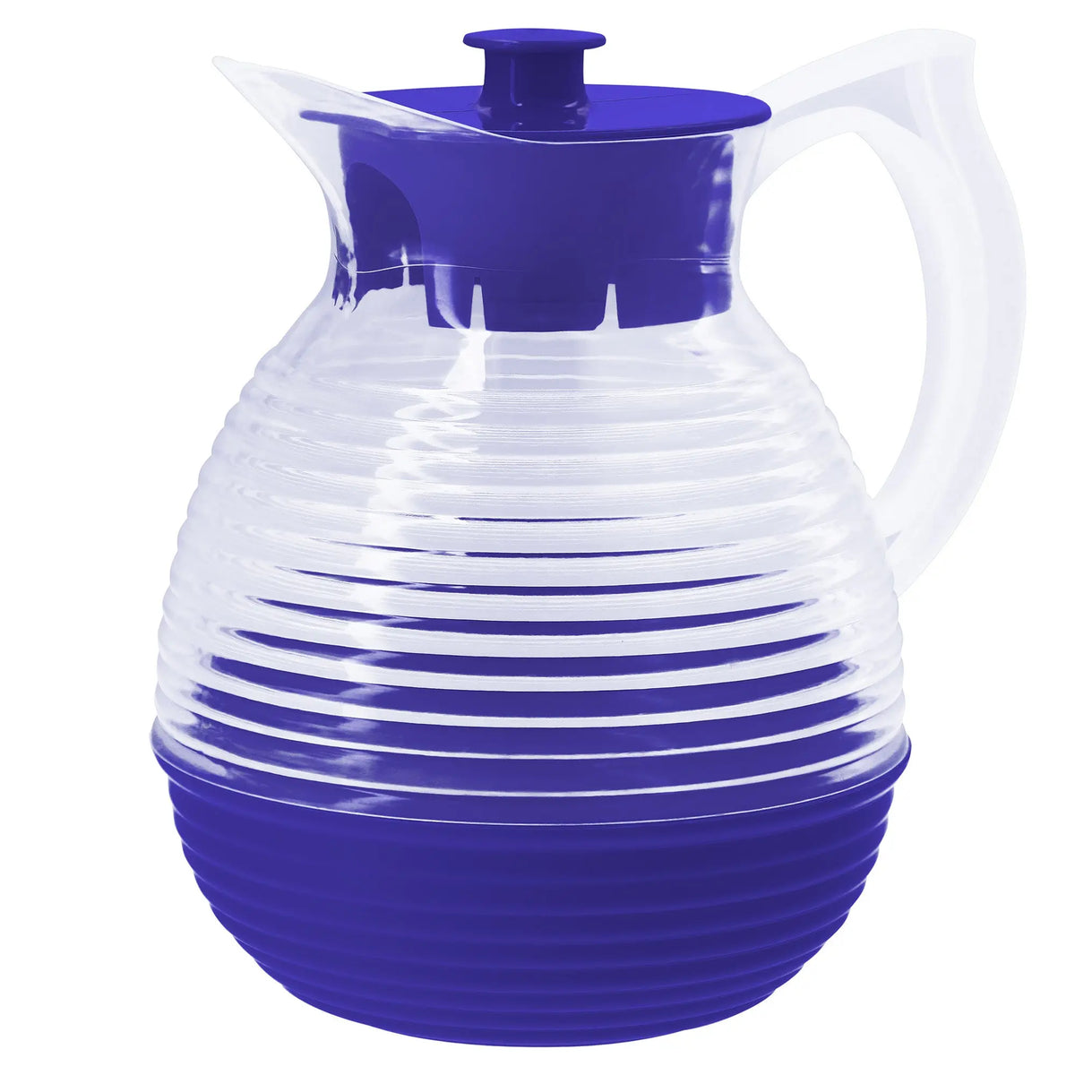 Carafe vintage en verre et plastique bleu, design rétro années 60, idéale pour décoration cuisine vintage.