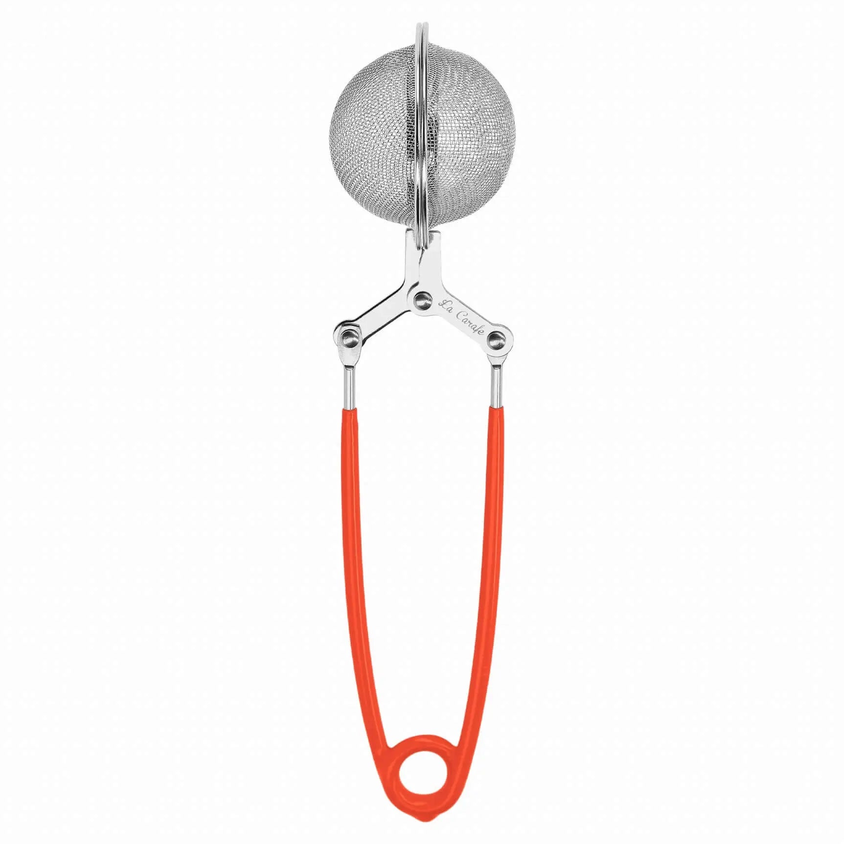Alt Tag: Pince à thé pratique et élégante en acier inoxydable avec poignée rouge pour infusion facile des feuilles de thé.