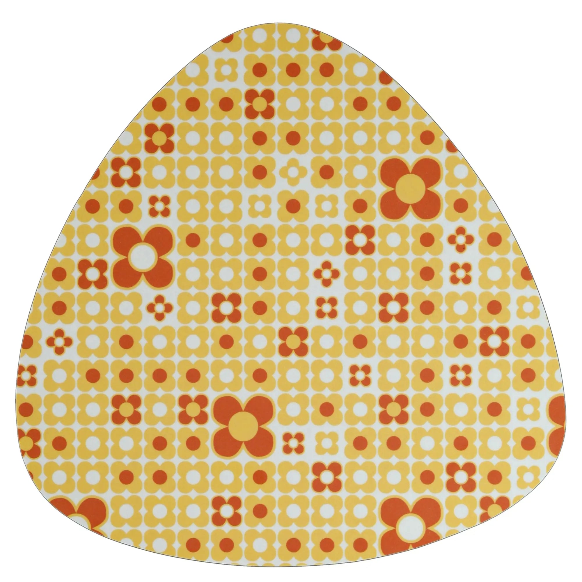 Dessous de plat rétro, design médiator avec motif floral jaune et orange, inspiré des années 70, style vintage et rock.
