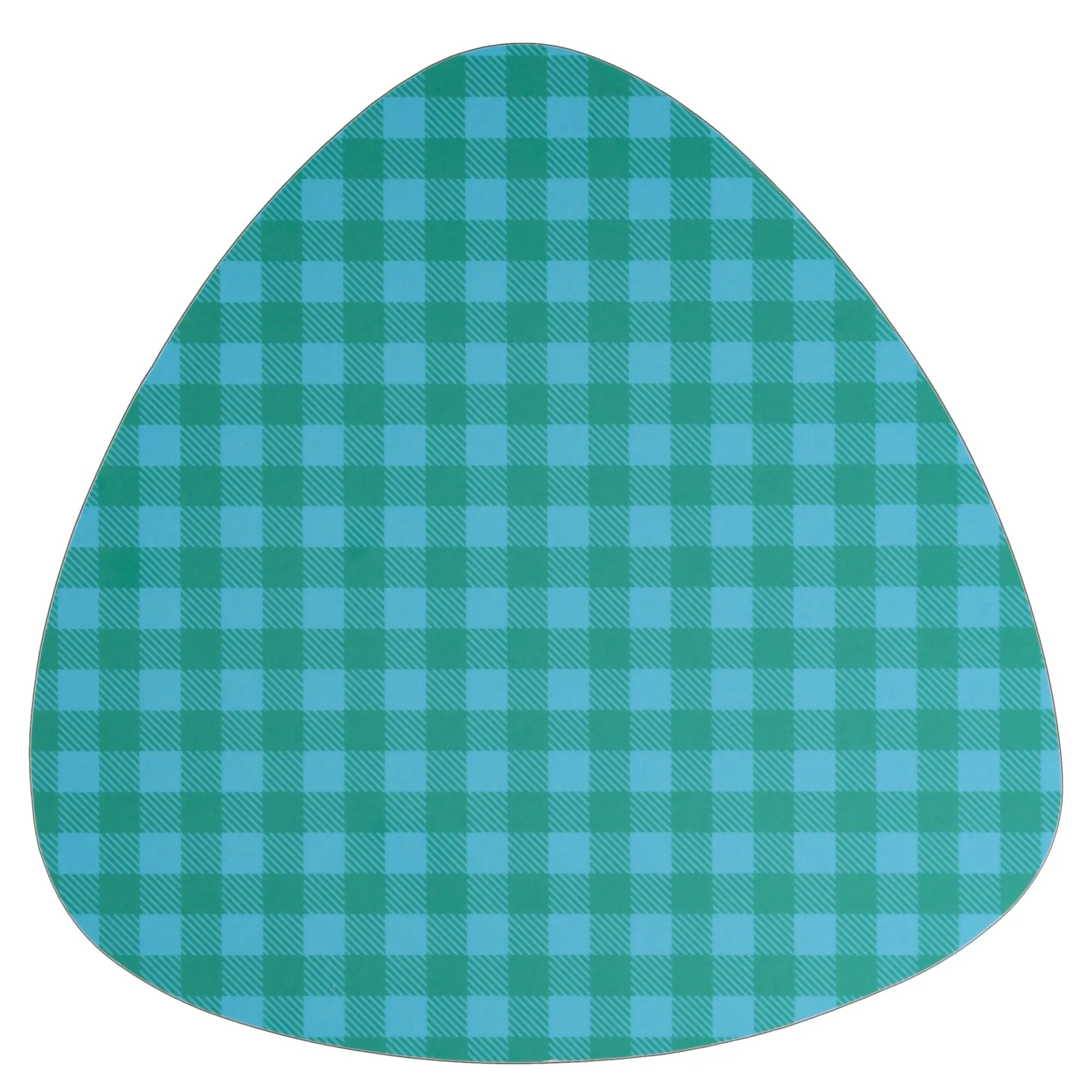 Dessous de plat rétro en forme de médiator avec motif à carreaux verts et bleus, inspiré des années 70.