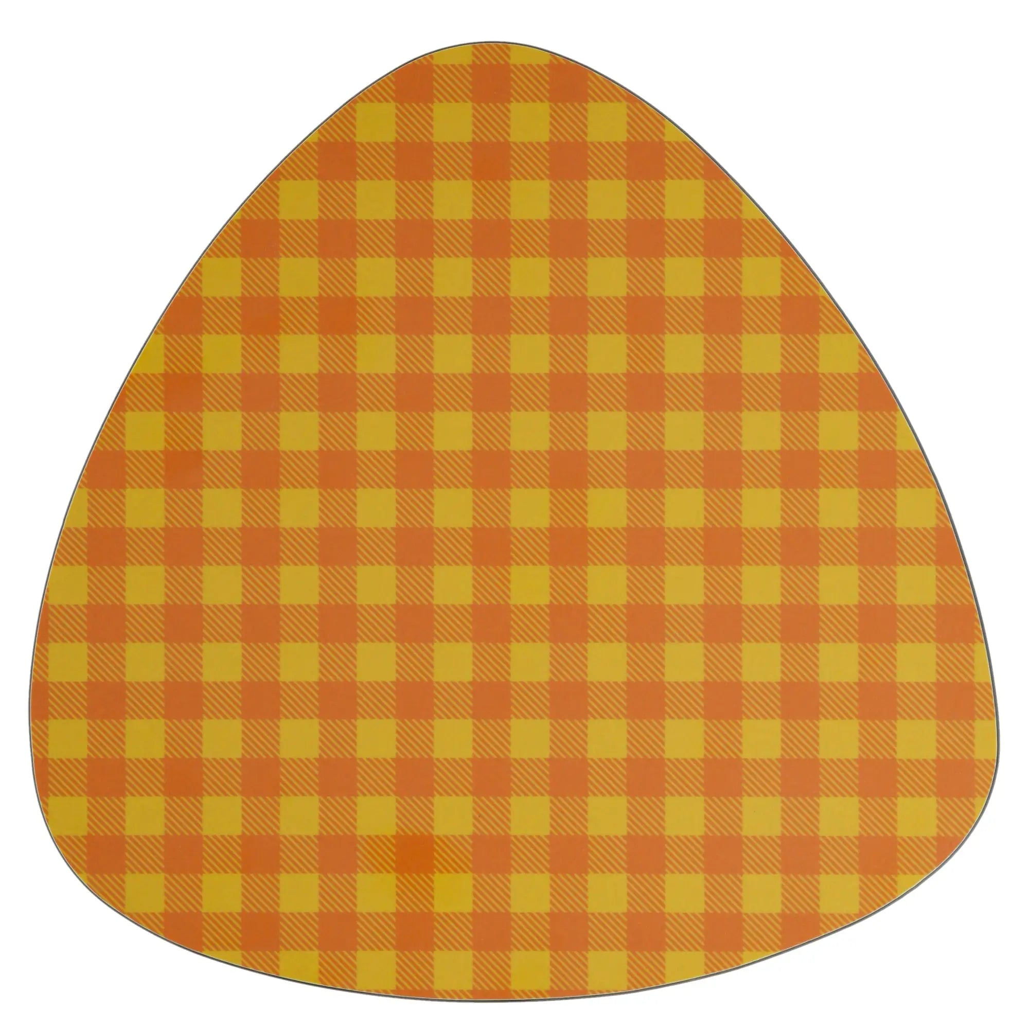 Dessous de plat rétro en forme de médiator avec motif à carreaux orange et jaune, inspiré des années 70, pour une décoration rock vintage.