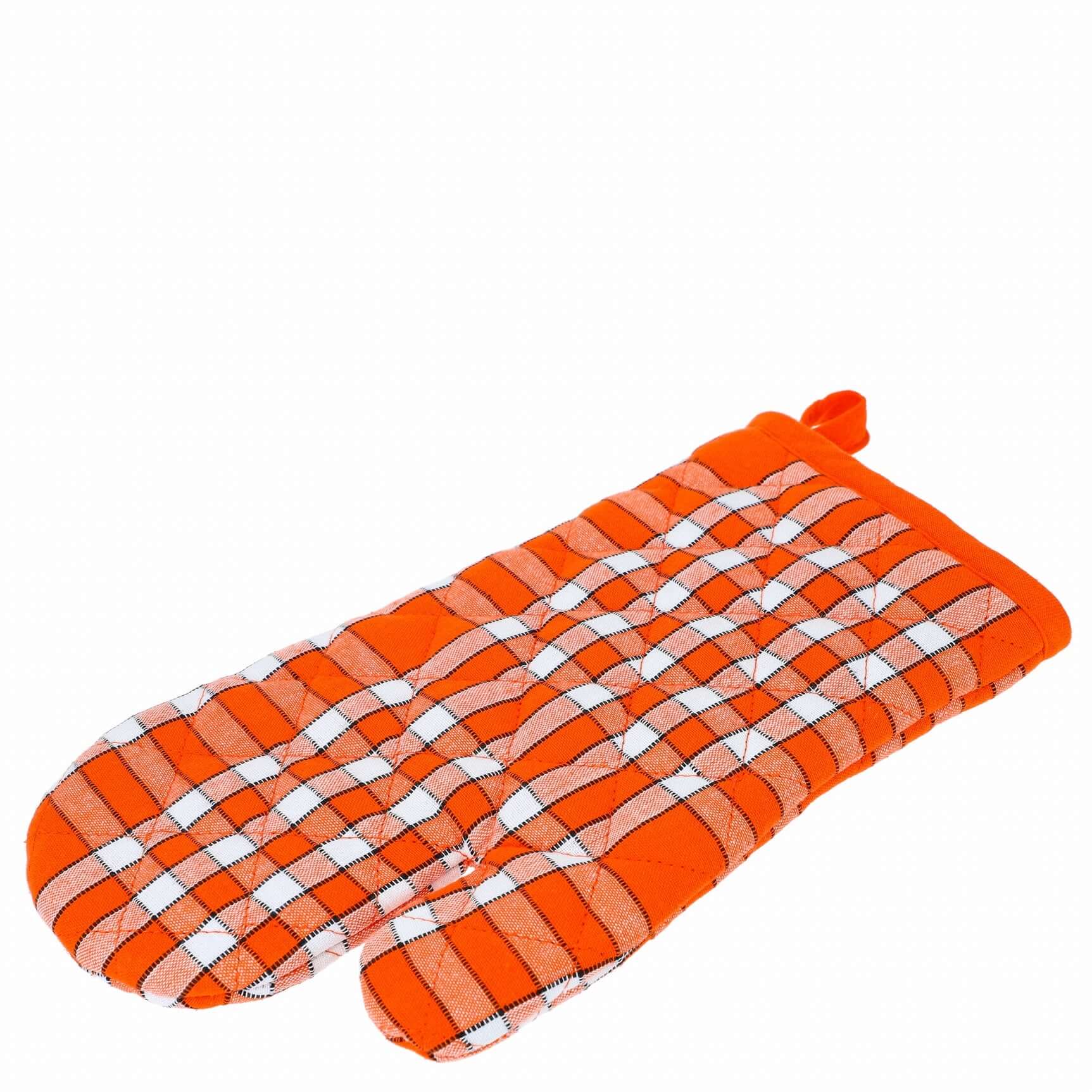 Gant de cuisine orange à motif quadrillé pour une protection élégante en cuisine.