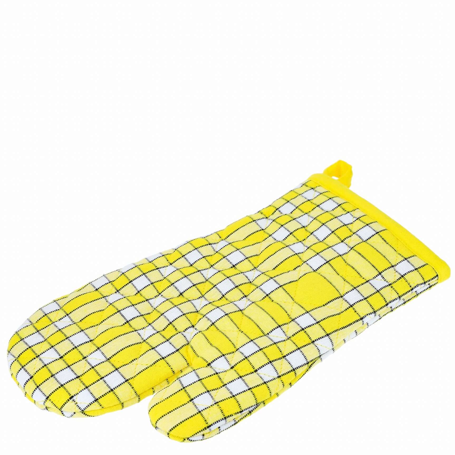 Gant de cuisine jaune à carreaux pour protection et élégance en cuisine, idéal pour la sécurité lors de la cuisson.