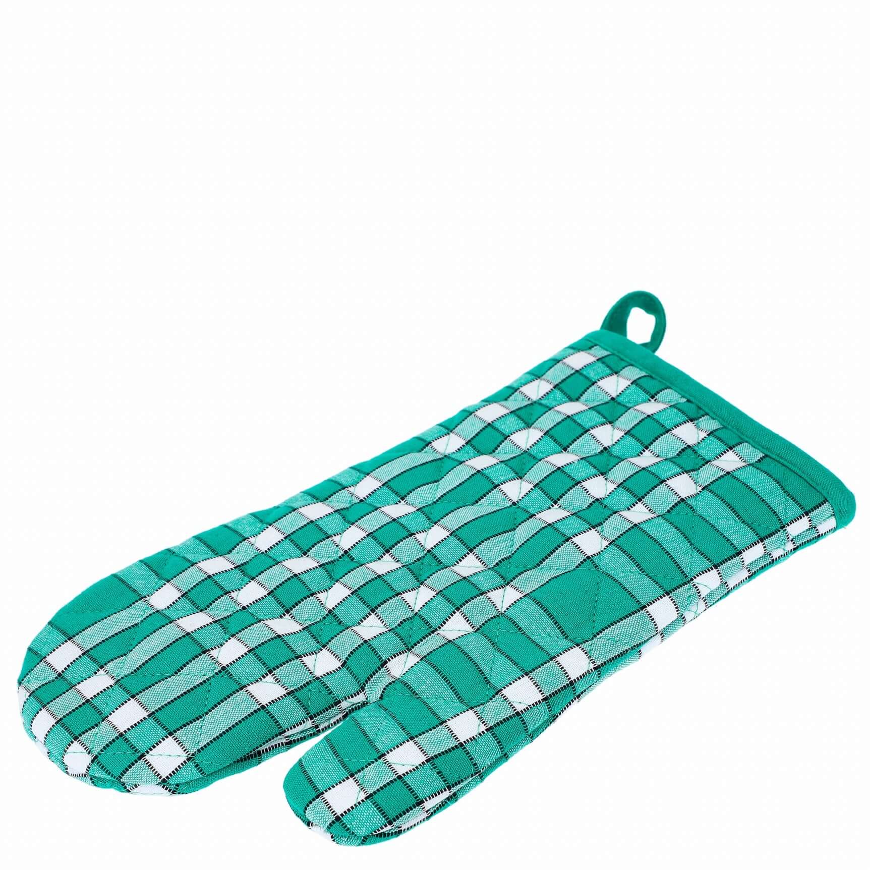 Gant de cuisine en tissu à carreaux verts et blancs, idéal pour la sécurité et l'élégance en cuisine. Accessoire approuvé par "Le Meilleur pâtissier".