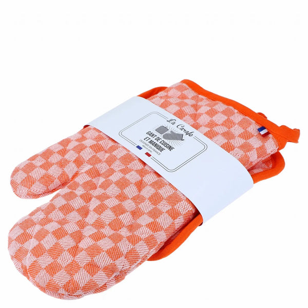 Manique cuisine coton et gant rétro motif damier orange