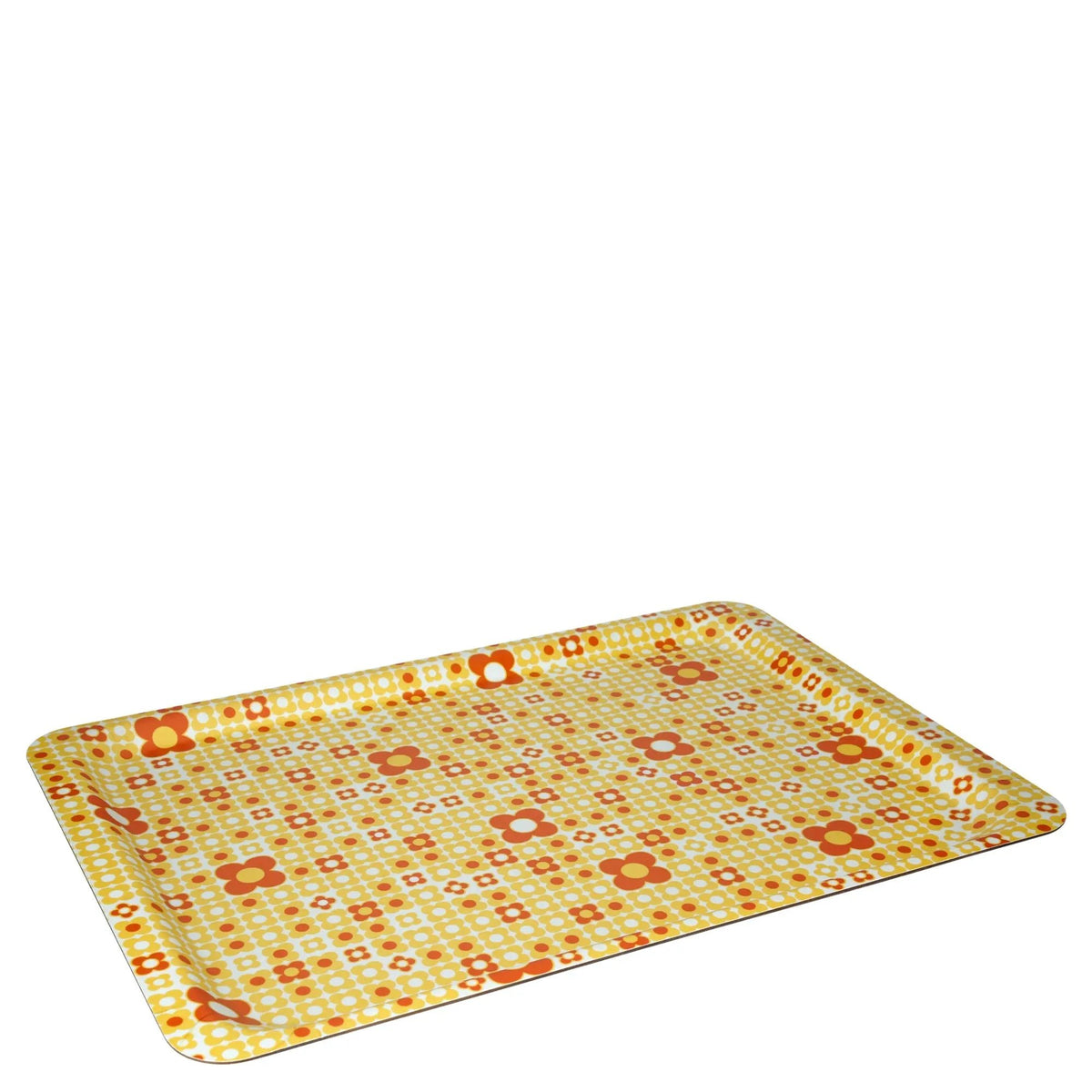 Grand plateau rectangulaire motif Capucine vintage des années 60-70, design floral rétro jaune et orange pour décoration maison.