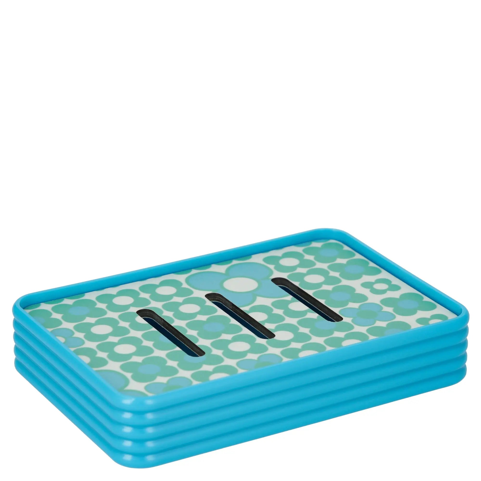 Porte-savon vintage bleu au design fleuri, inspiré des années 60, idéal pour une touche rétro dans la salle de bain.