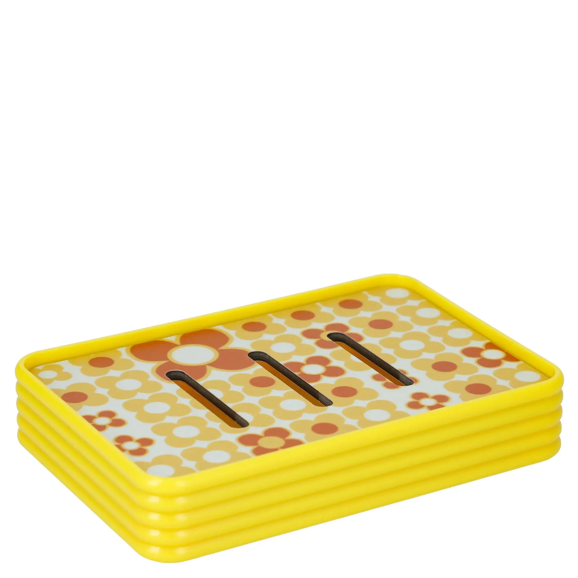 Porte-savon vintage jaune avec motif floral des années 60, idéal pour ajouter une touche rétro à votre salle de bain.