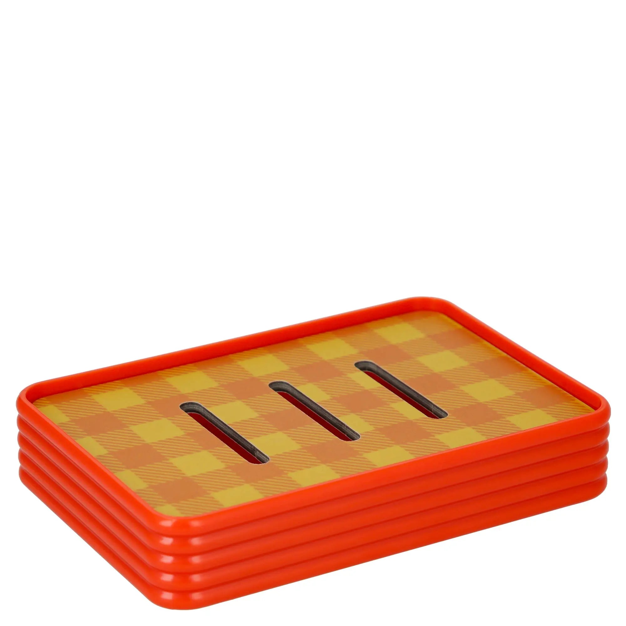 Porte-savon vintage orange et jaune à motif quadrillé, inspiré des années 60, parfait pour une salle de bain rétro et élégante.