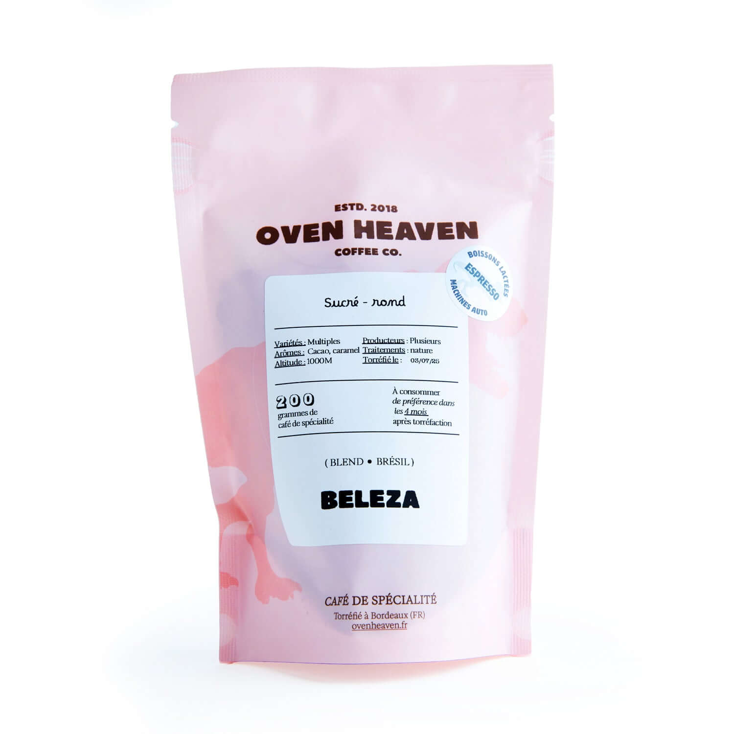 Sac de café en grains Oven Heaven Beleza 200g, chocolat et noisettes, originaires de Carmo de Minas, Brésil.