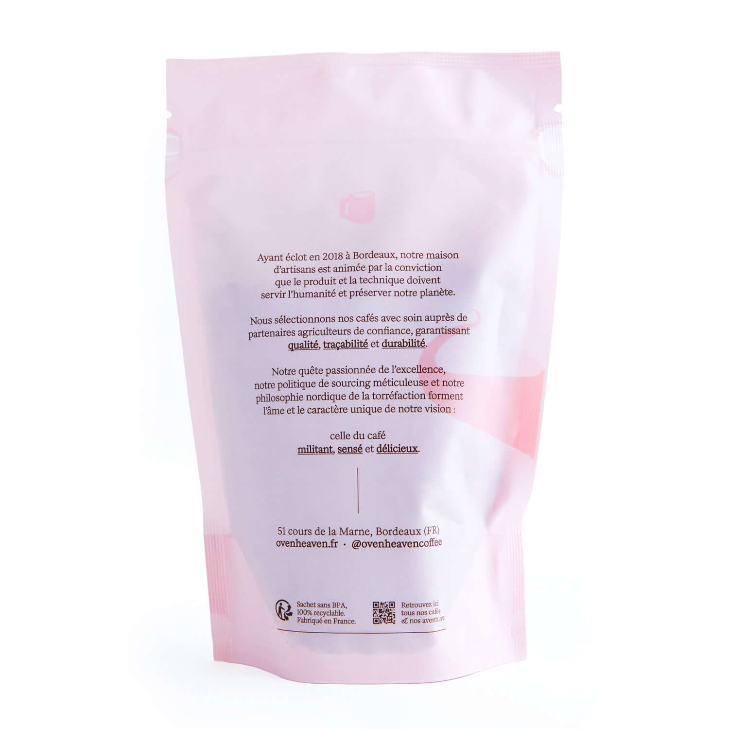 Dos du sachet de café Oven Heaven avec description et valeurs éthiques, Bordeaux.