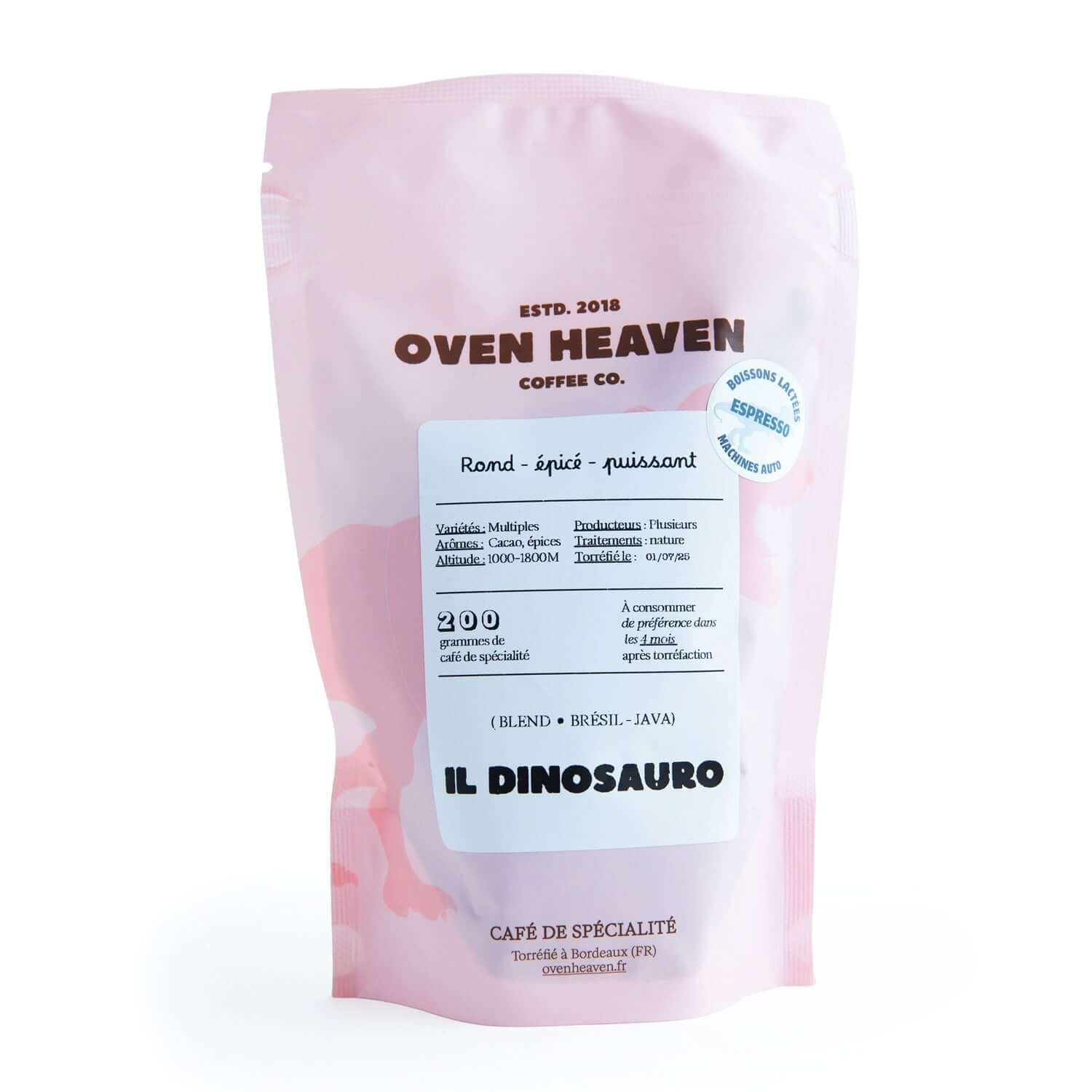 Paquet de café en grains Il Dinosauro par Oven Heaven, mélange corsé Brésil-Rwanda, notes de cacao et épices, torréfaction artisanale.