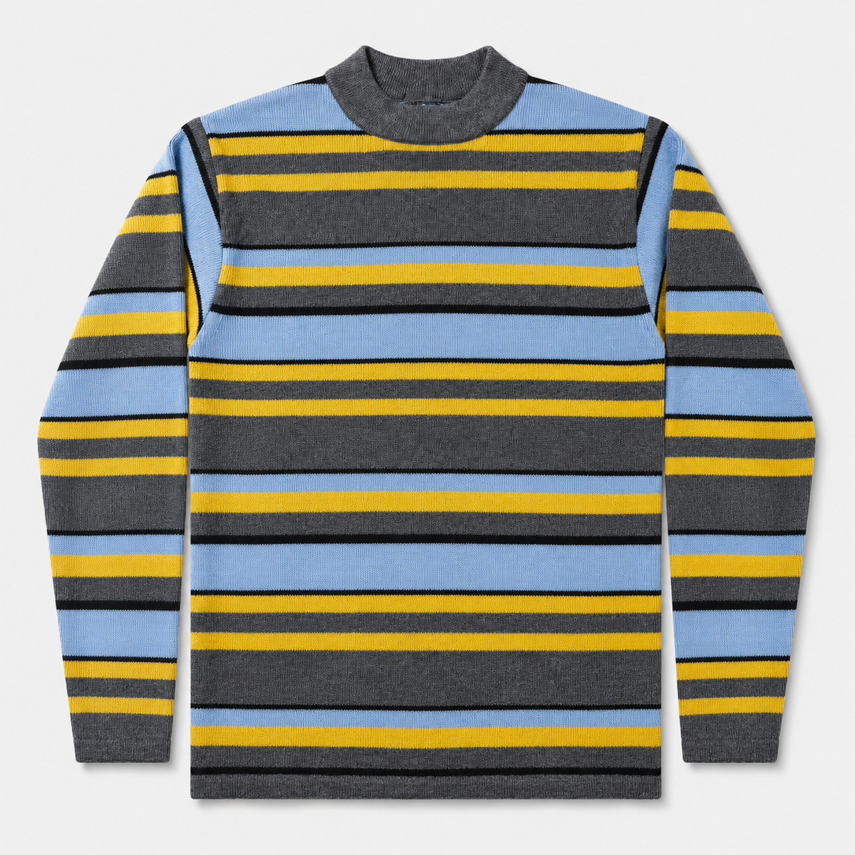 Pull DDP Multico 2 à rayures gris anthracite, bleu ciel et jaune, col montant — vue de face à plat