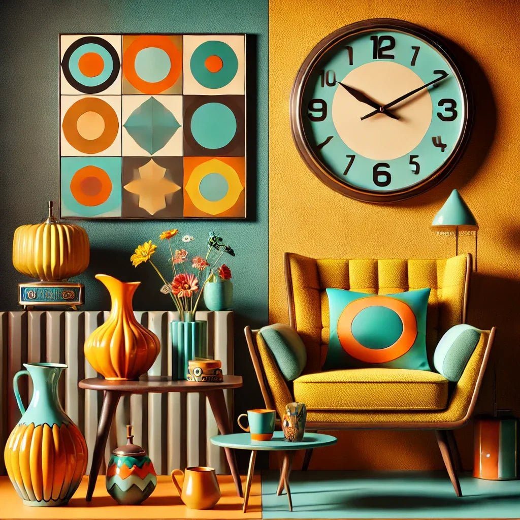 Salon vintage rétro avec fauteuil jaune, horloge géométrique et décor coloré des années 70