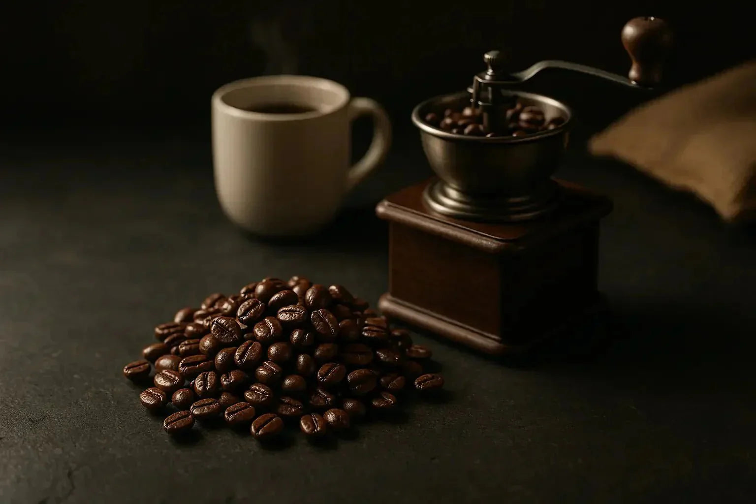 Grains de café fraîchement torréfiés dans une tasse