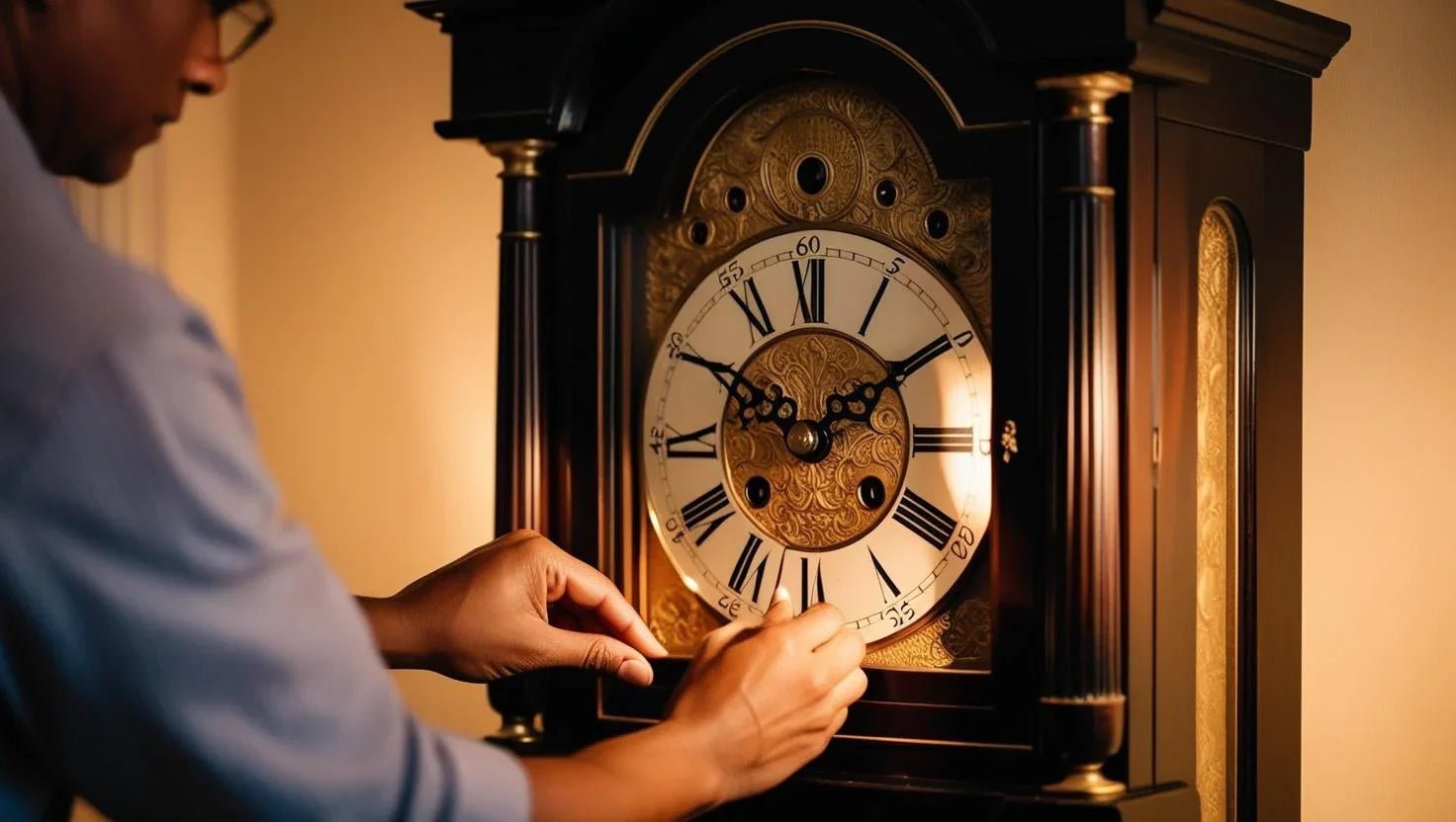 Réglage des aiguilles d'une horloge ancienne à balancier